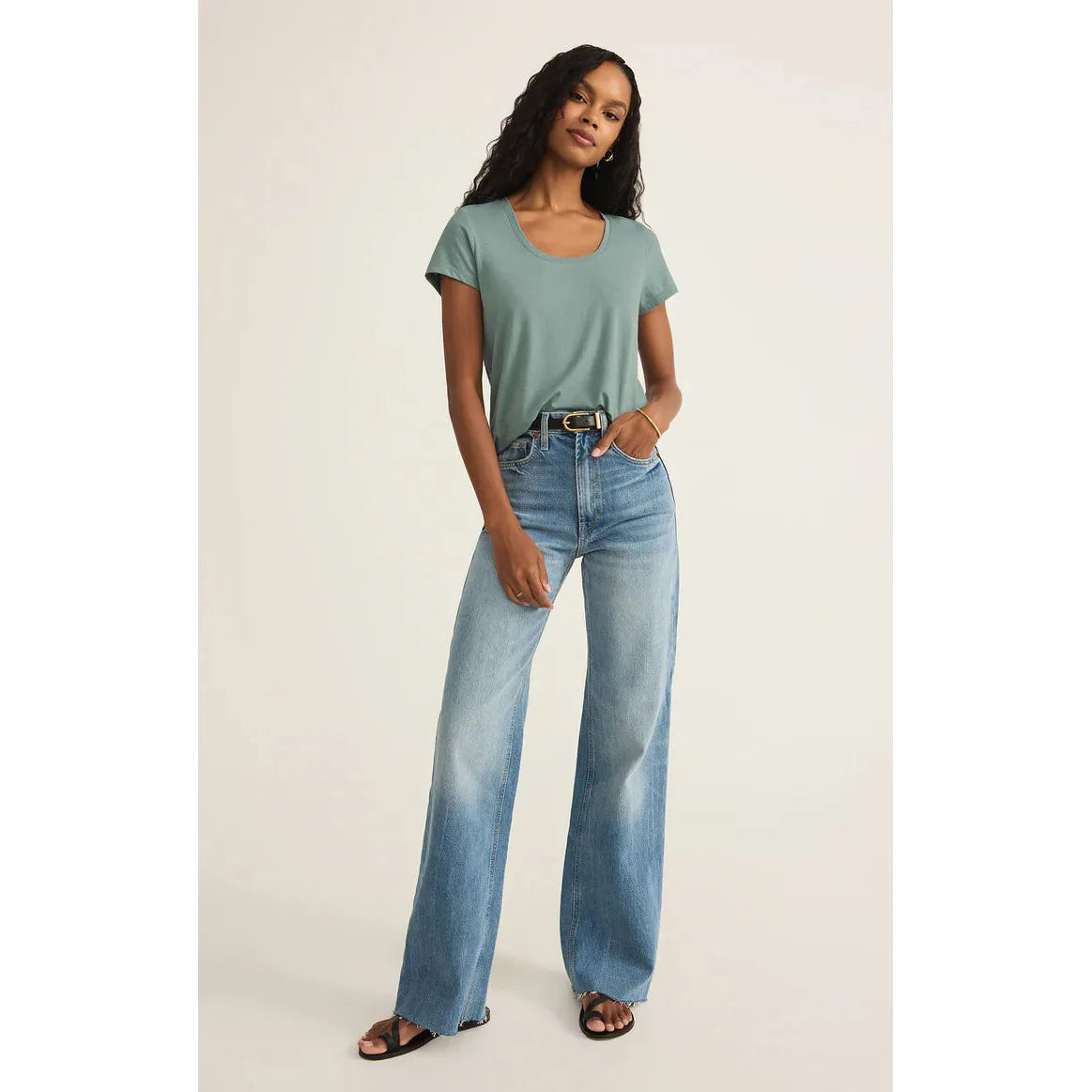 Z Supply Anywhere Scoop Tee in sea pine offers a cozy vibe with soft jersey fabric, perfect for everyday wear.