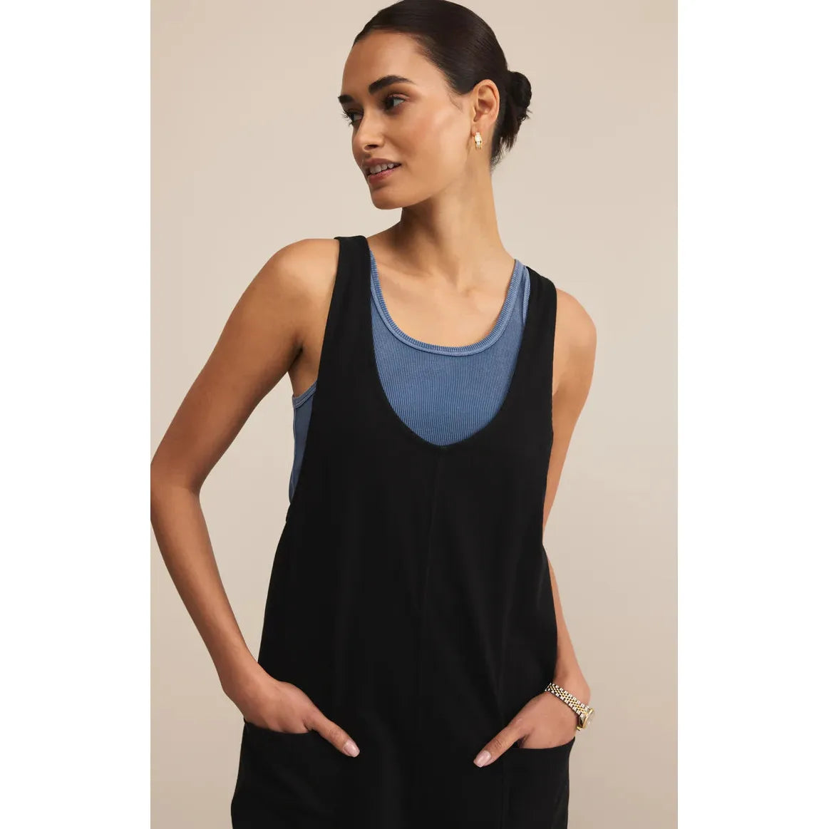 Z Supply Brasilia Everyday Jersey Jumpsuit in true black with wide straps and patch pockets