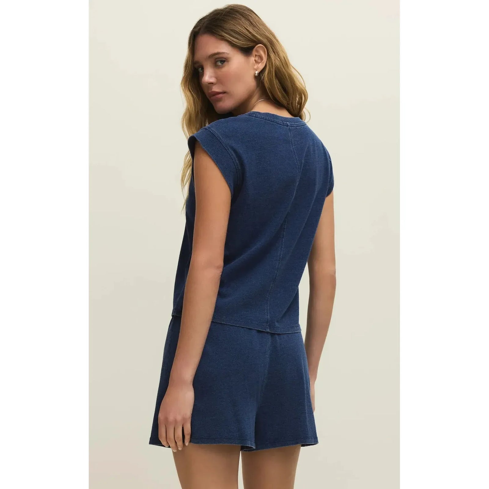 Back view of model in navy Z Supply Camino Jersey Top, a midweight cotton-lyocell crew-neck tee.