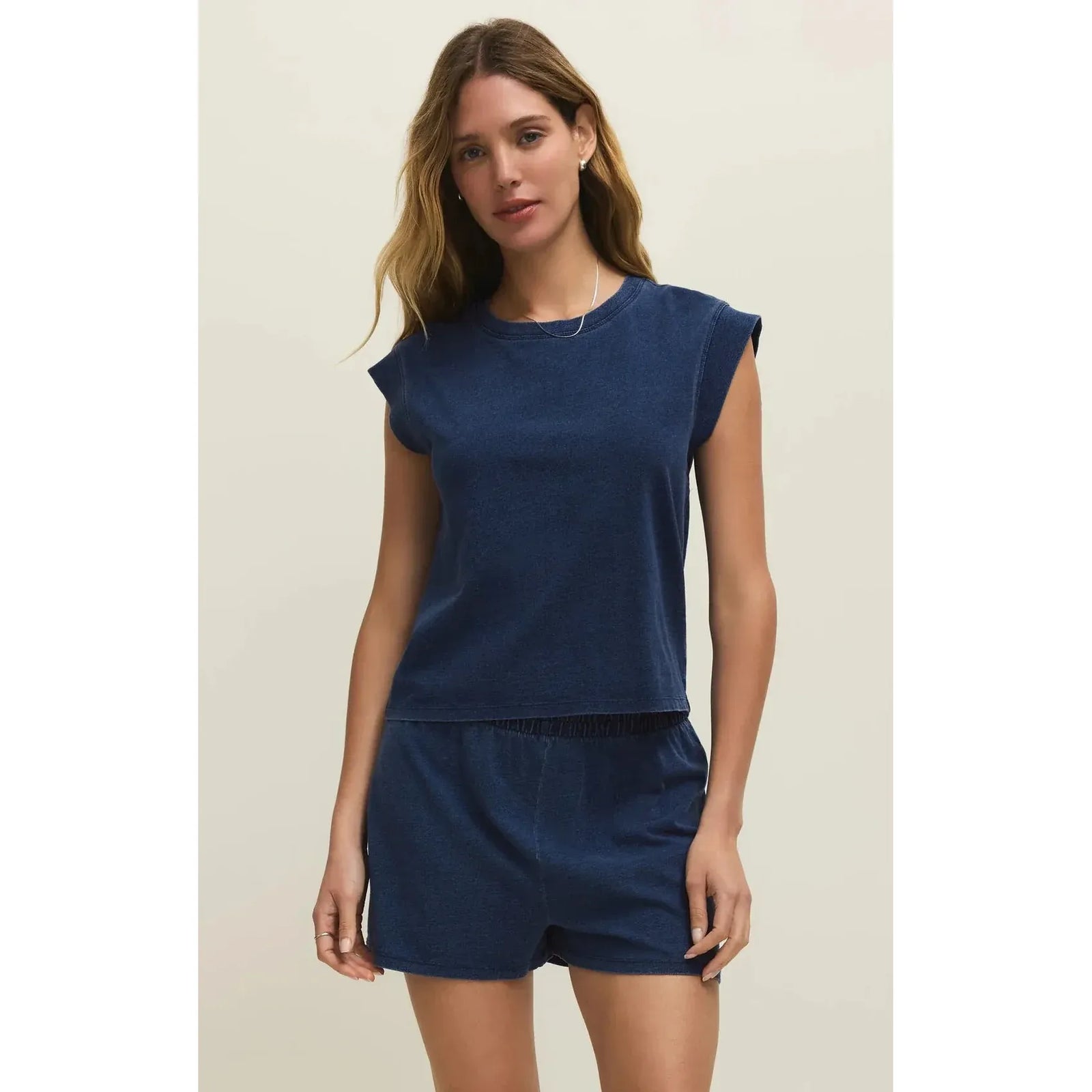 Navy Camino Jersey Top on a model; fitted crew-neck tee in cotton-lyocell jersey.