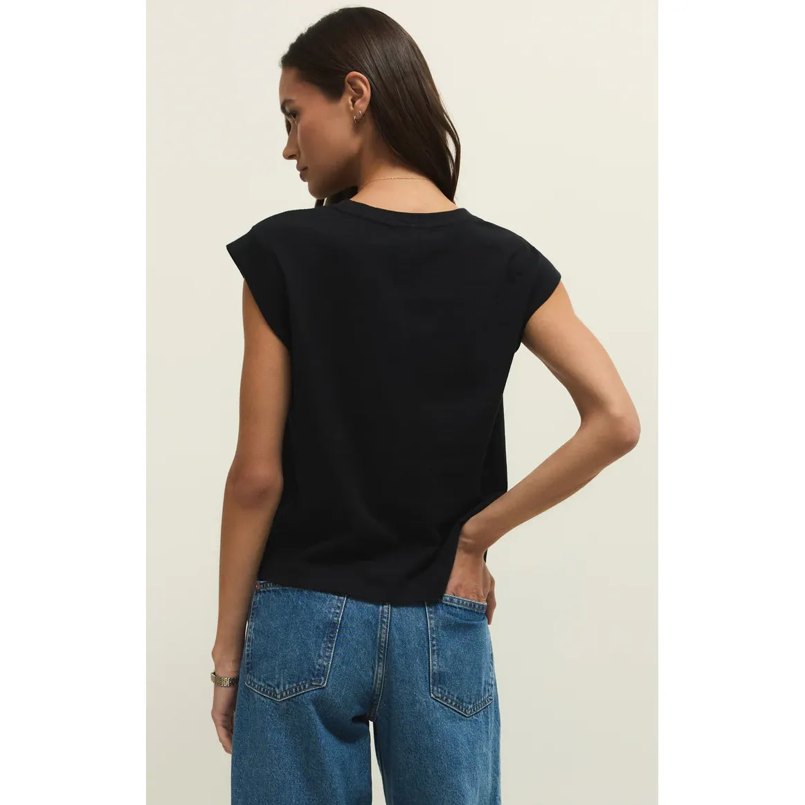 Z Supply Camino Jersey Top, black cotton with relaxed crewneck and statement sleeves (back view)