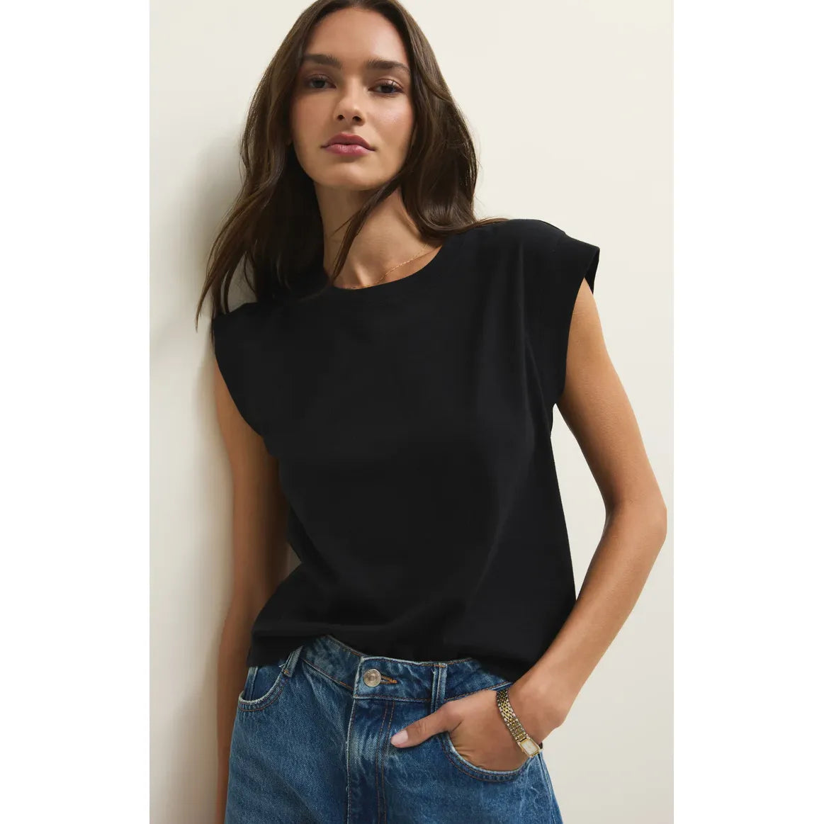 Z Supply Camino Jersey Top in black, soft 100% cotton with relaxed crewneck and statement sleeves.
