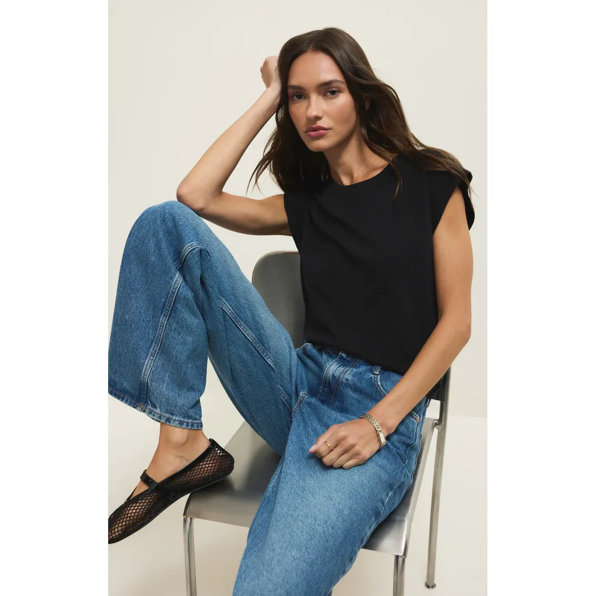 Z Supply Camino Jersey Top in black with a relaxed crewneck and statement sleeves.