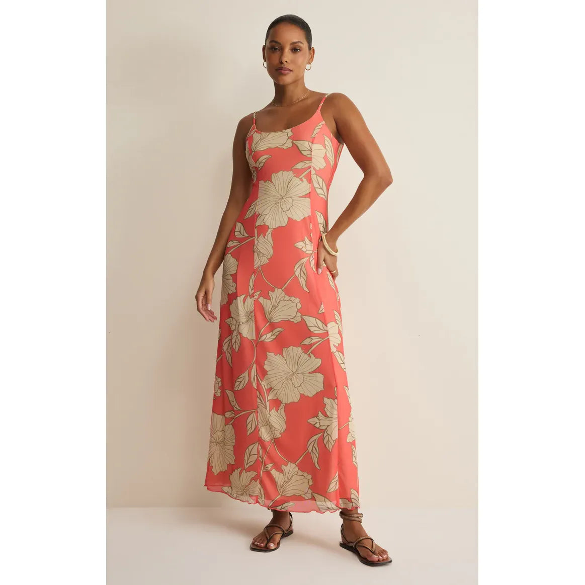 Z Supply Charisma Bloom Midi Dress in coral tropical floral print, pull-on with built-in shelf bra and adjustable straps