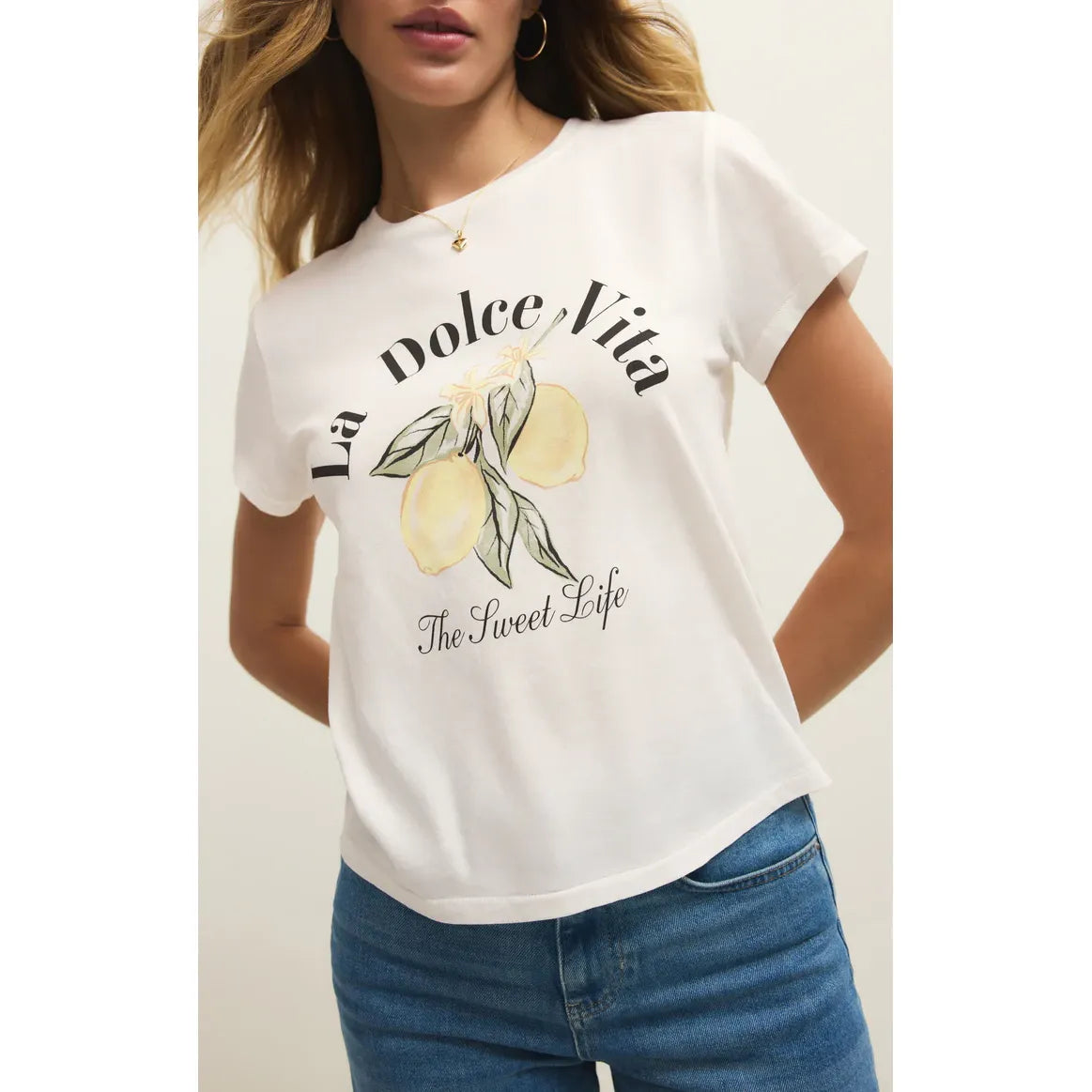 Z Supply Dolce Tourist Tee white with lemon illustration and La Dolce Vita typography, relaxed-fit.