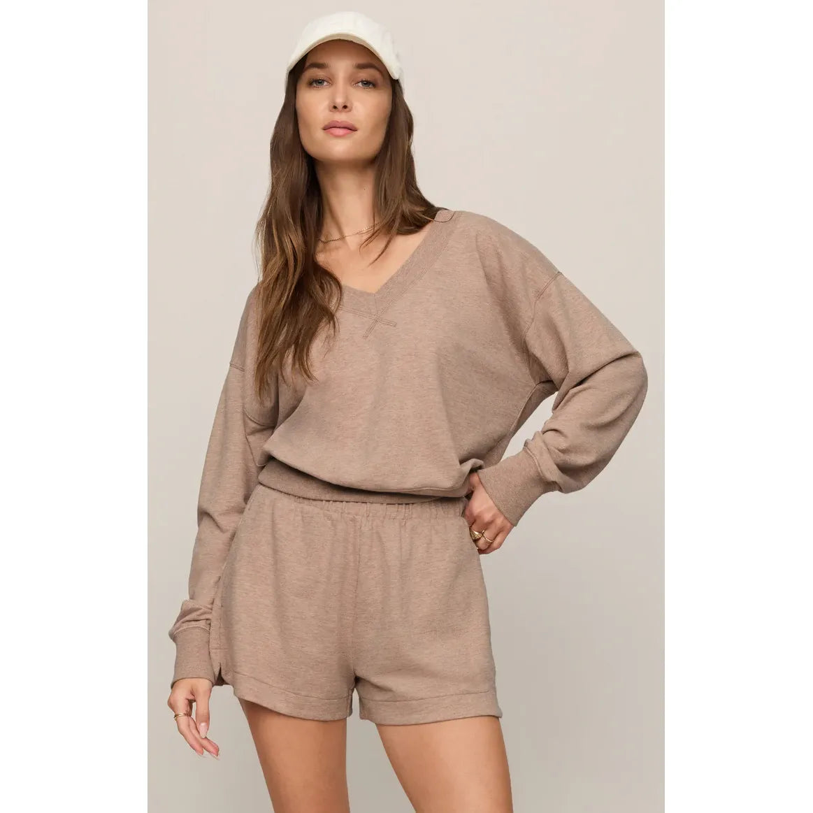Taupe Z Supply Everyday V-Neck loungewear top with matching shorts in ultra-soft Baby French Terry, relaxed fit.
