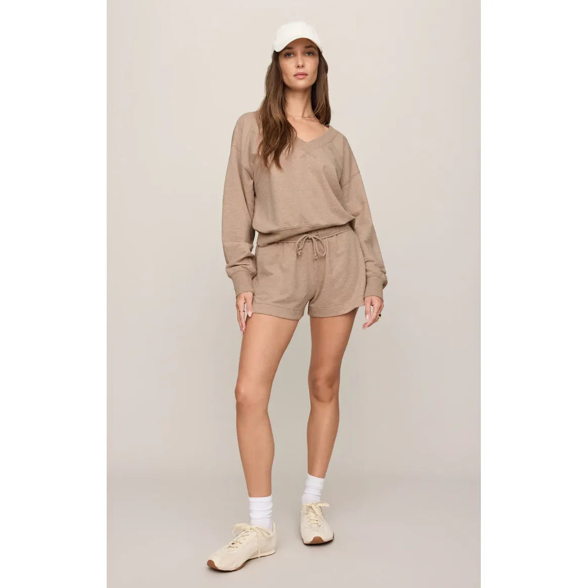 Beige Z Supply Everyday V-Neck lounge set in ultra-soft Baby French Terry with relaxed top and drawstring shorts.