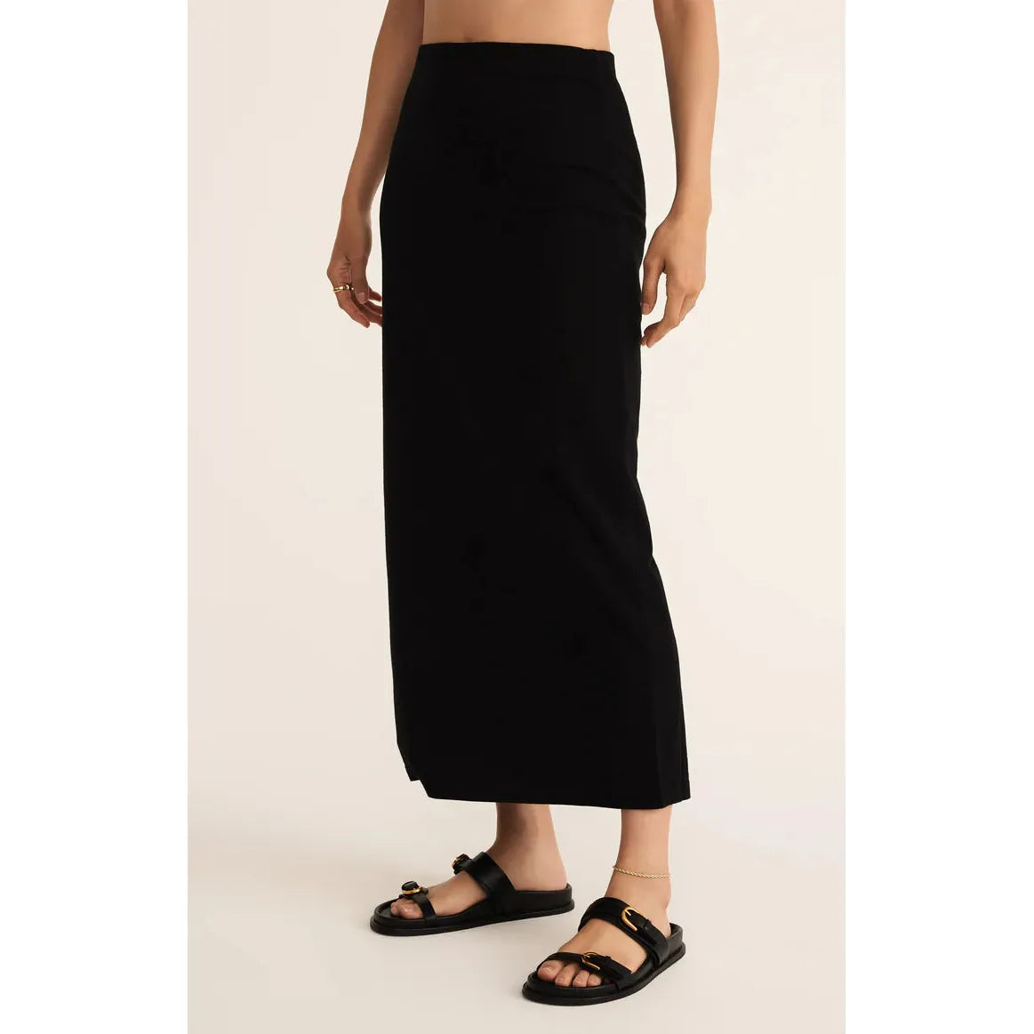 Z Supply Gail Jersey Denim Midi Skirt in true black, elastic waist cotton jersey midi with straight silhouette.