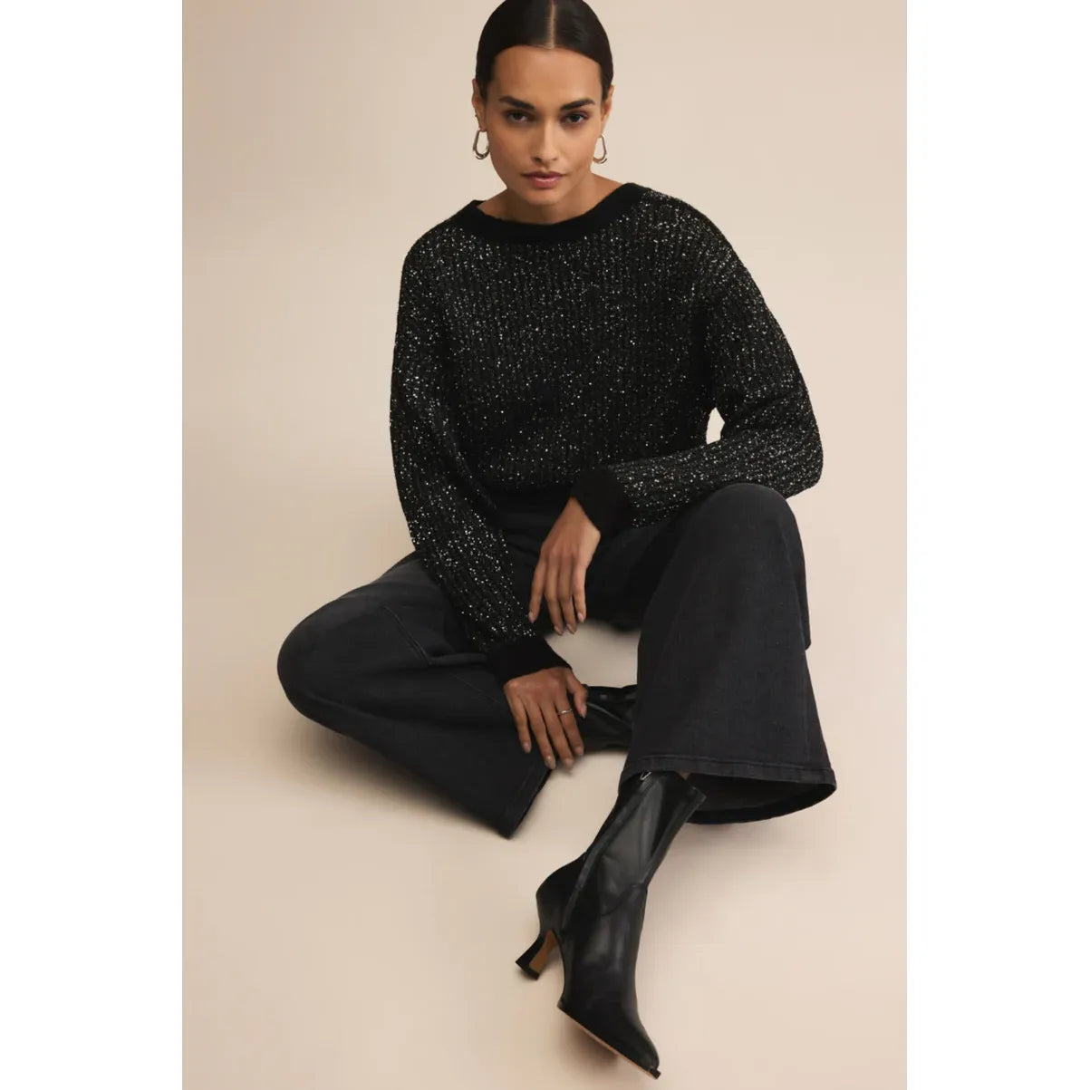 Z Supply Gleam Sequin Sweater in black, lightweight knit with sparkly sequins for festive, versatile style.