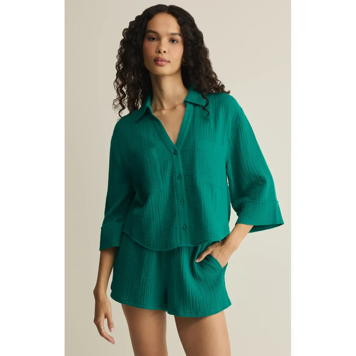 Z Supply Helena Shirt in teal with matching shorts; relaxed, textured fabric, button-down top with front pockets.