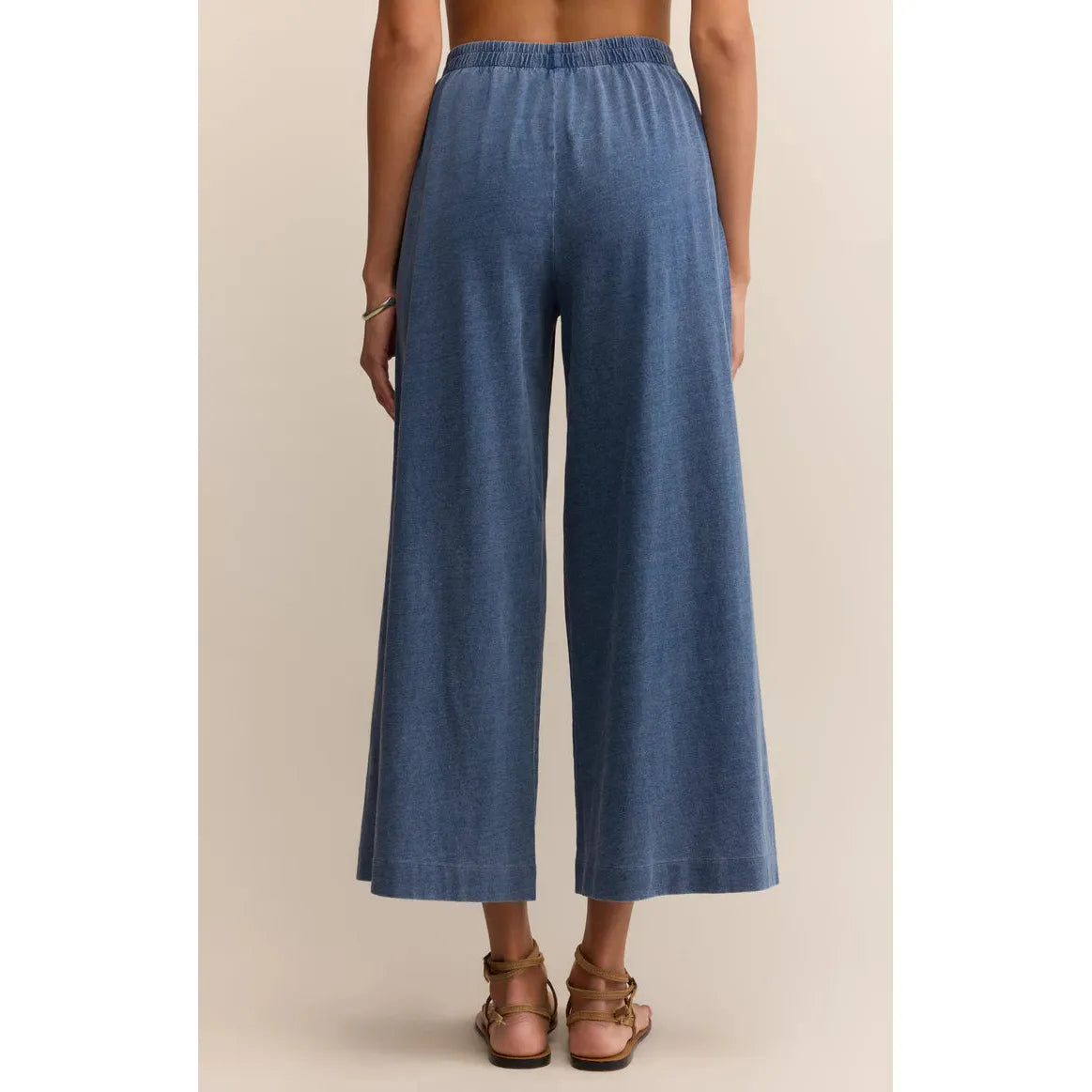 Z Supply Scout Jersey Denim Pant — back view of relaxed wide‑leg vintage indigo jersey pant with elastic waist
