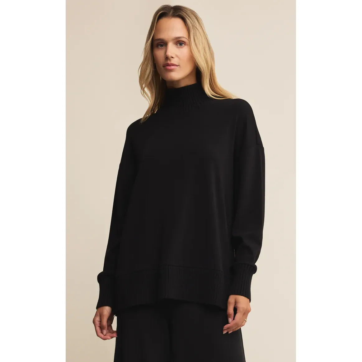 Z Supply Sable Luxe Mock Neck Top in black, oversized midweight knit with ribbed cuffs and hem.