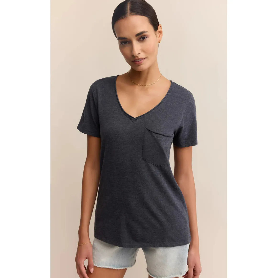Z Supply Modern Pocket Tee charcoal v‑neck with front pocket and raw-edge hem, styled with denim — Z SUPPLY