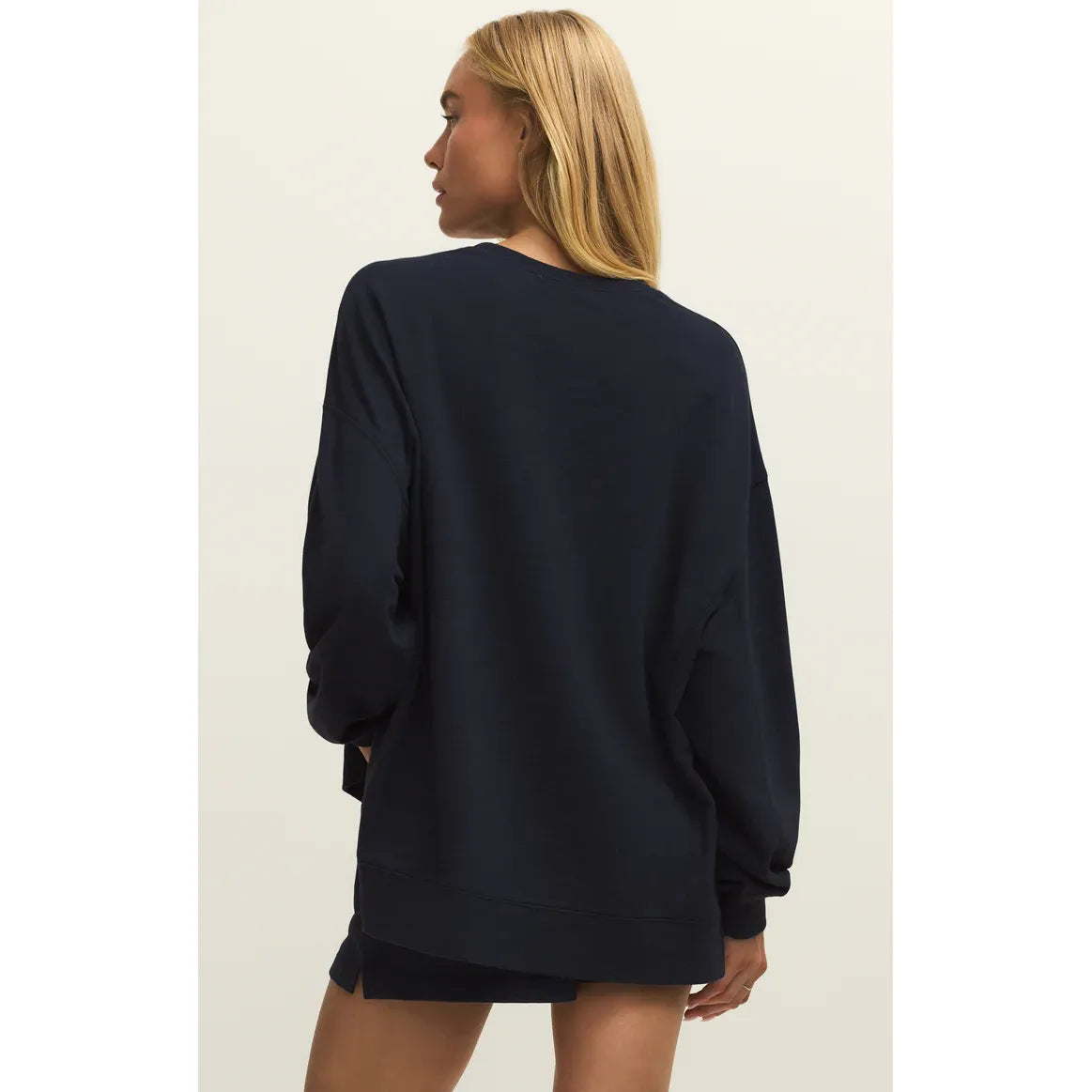 Navy Z Supply Modern Weekender Sweatshirt on model, back view, relaxed oversized crewneck.