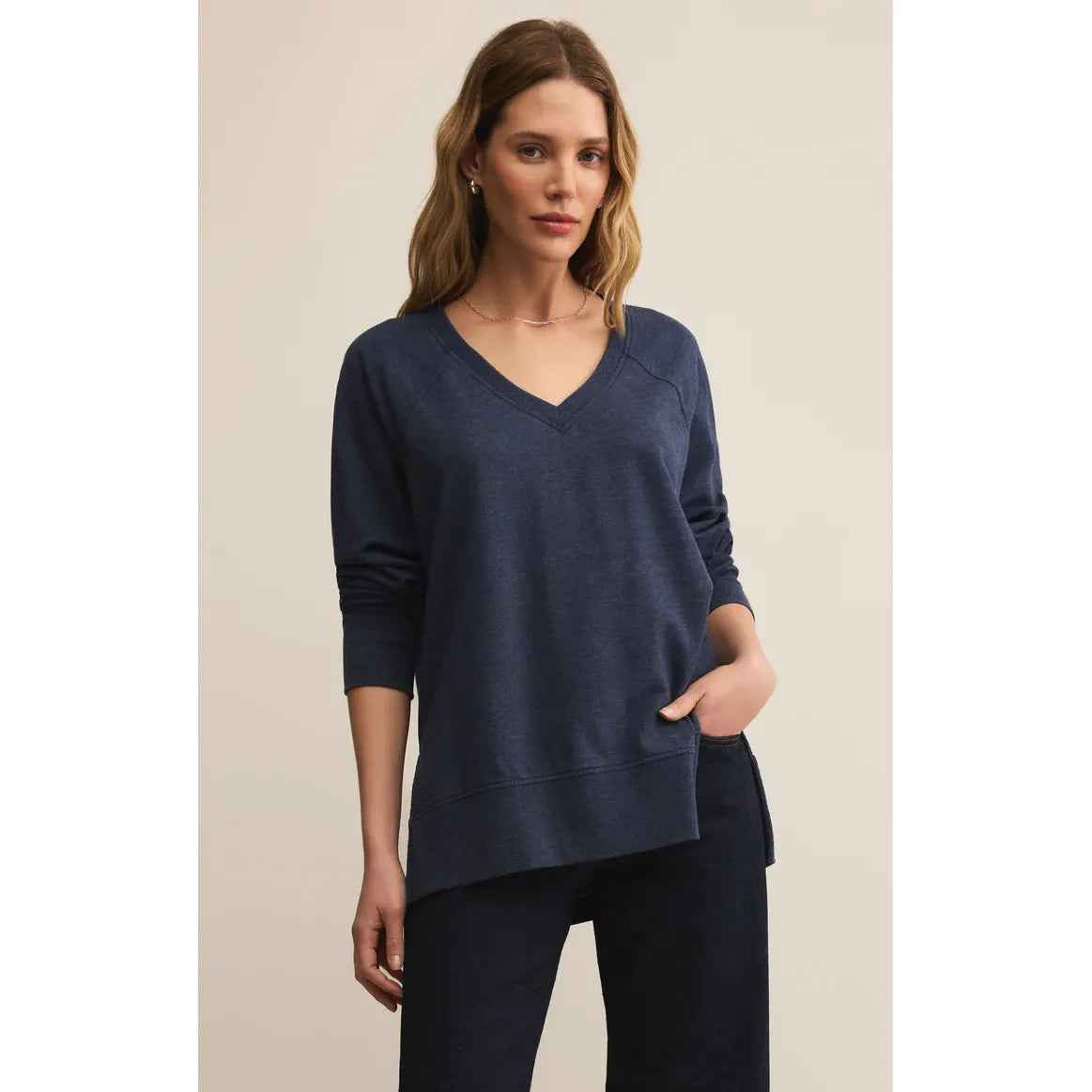 Navy Z Supply Modern V-Neck Weekender Top with oversized relaxed fit, burnout knit, side slits, hi-low hem.