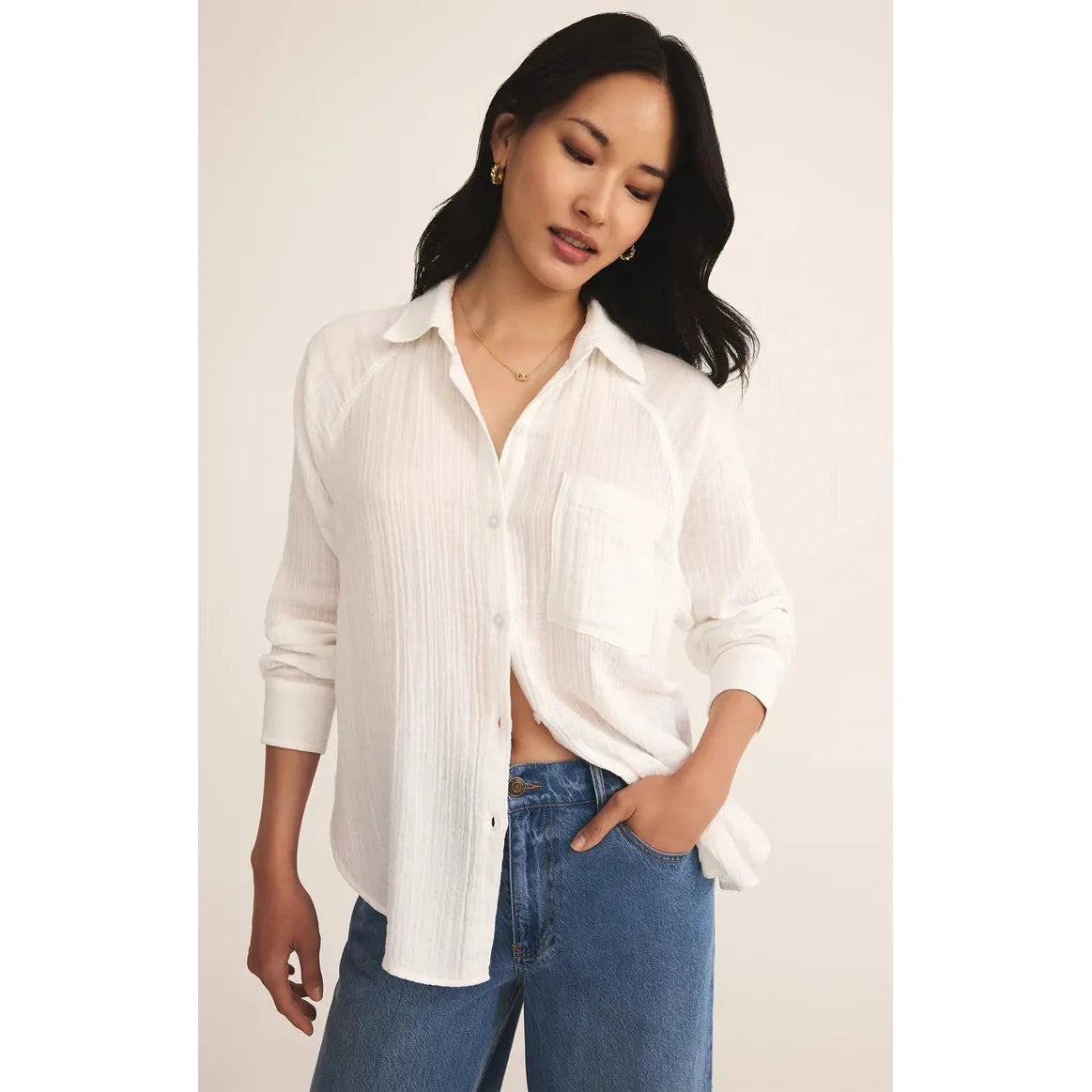 Z Supply Perfect Airy Gauze Top in white, featuring a relaxed fit, chest pocket, and breezy crinkle cotton design.