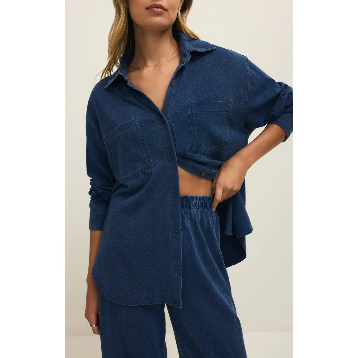 Z Supply Reese Jersey Button Up in Indigo