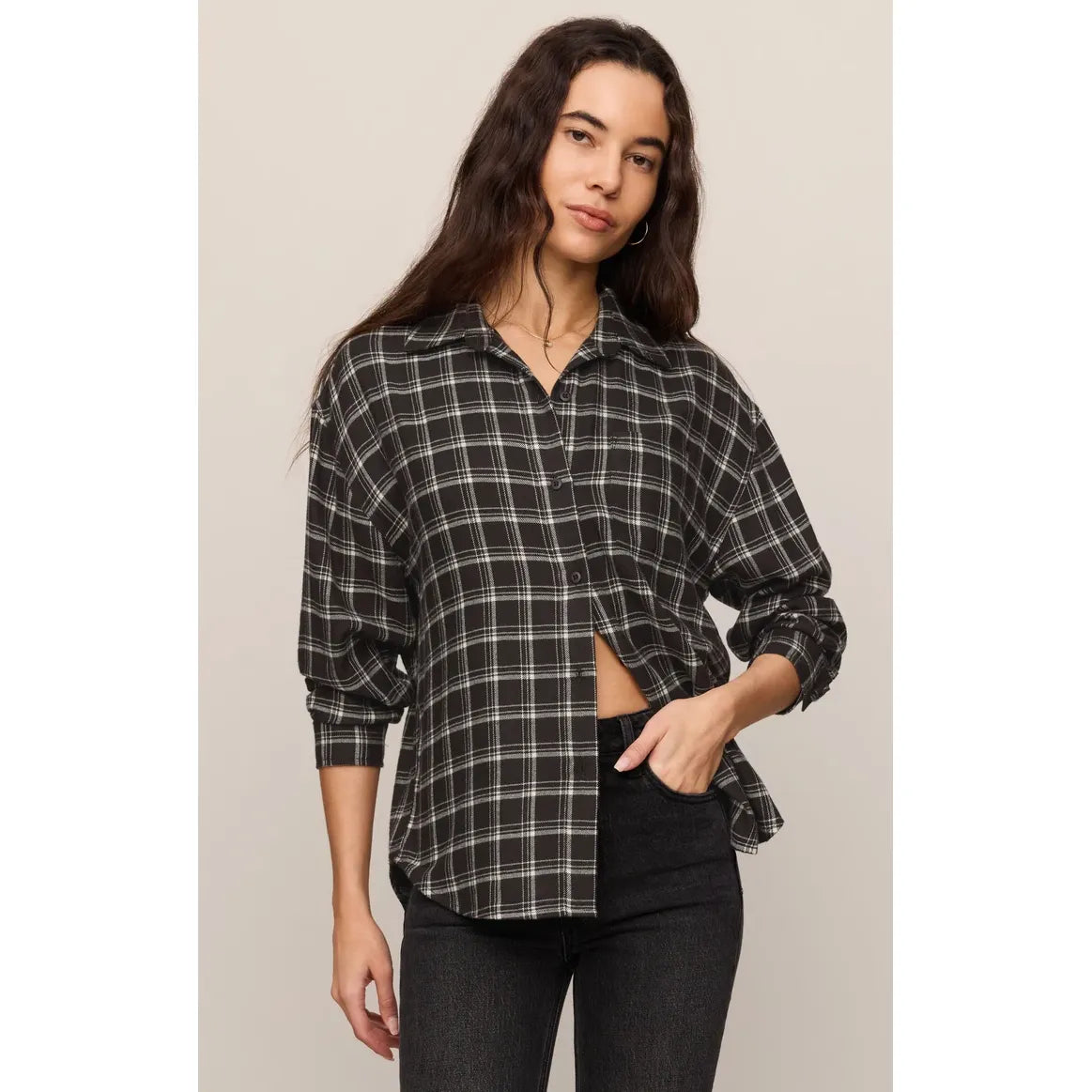 Z Supply River Plaid Button Up in Chocolate Cherry worn by model; relaxed-fit black-gray plaid shirt.