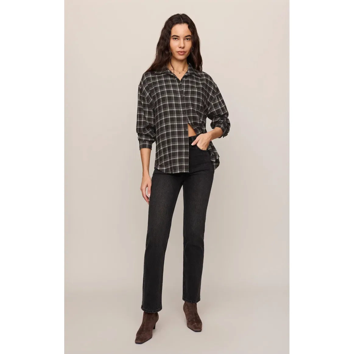 Z Supply River Plaid Button Up in Chocolate Cherry on model; relaxed-fit, soft brushed plaid shirt with dark denim.