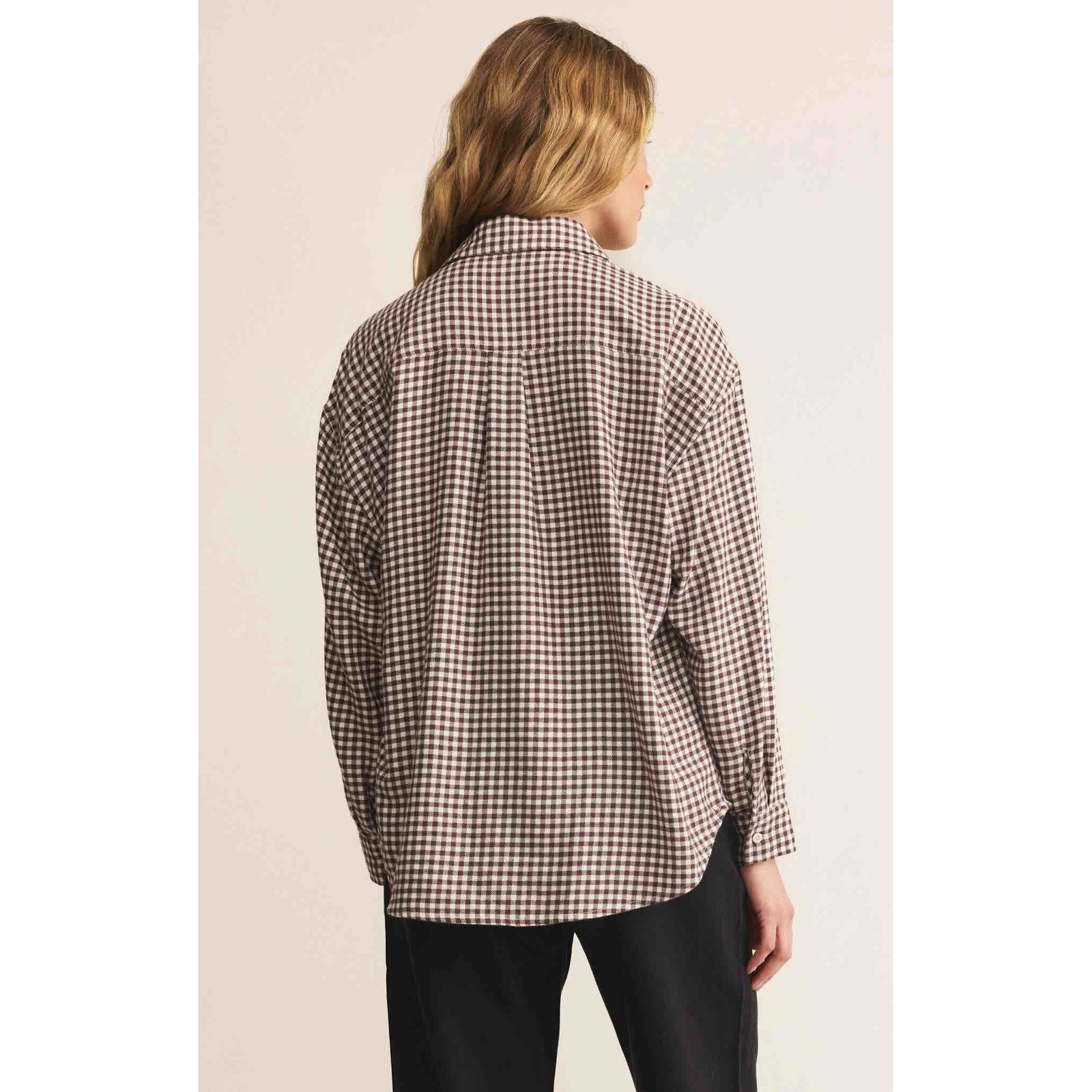 Z Supply River Plaid Button Up Top worn by Sharlene, back view in brown and white plaid, relaxed fit.