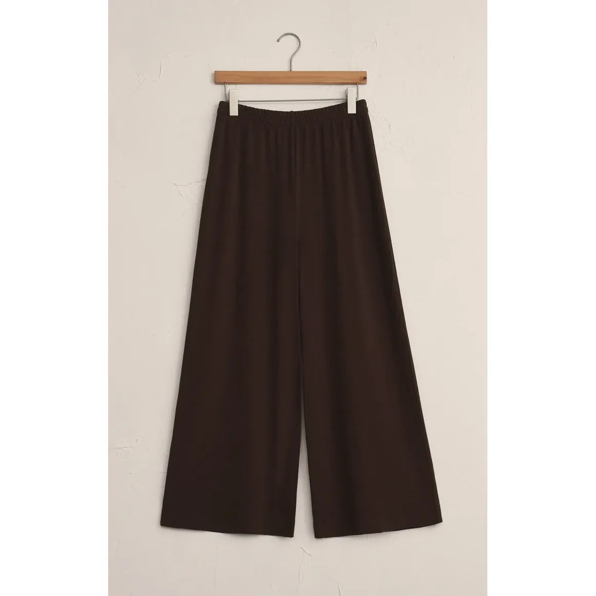 Z Supply Scout Luxe Pant in chocolate brown, high-rise, ankle-length wide-leg ribbed knit pants.