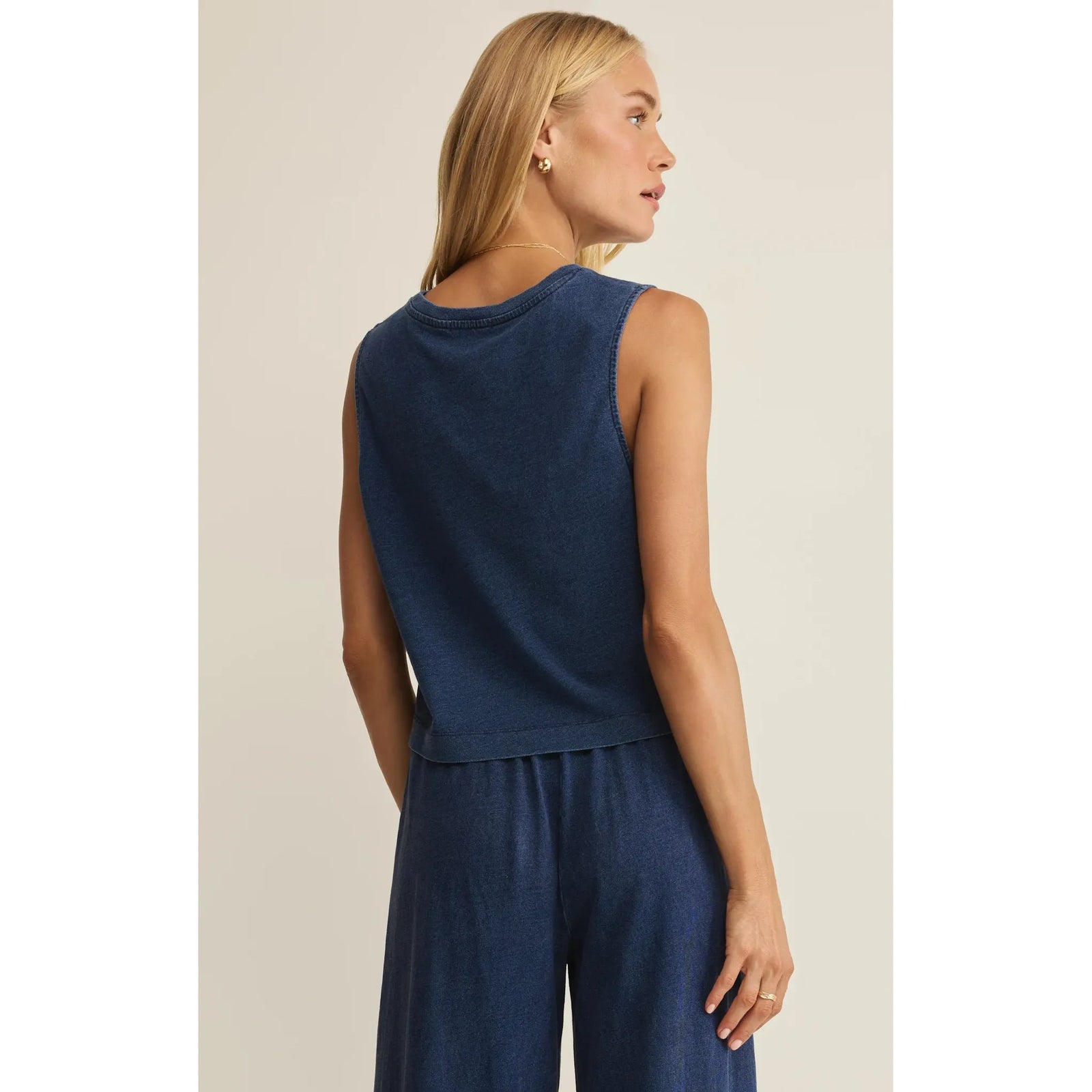 Z Supply Sloane Washed Jersey Tank in denim blue; sleeveless knit with soft feel and stretch (back view).