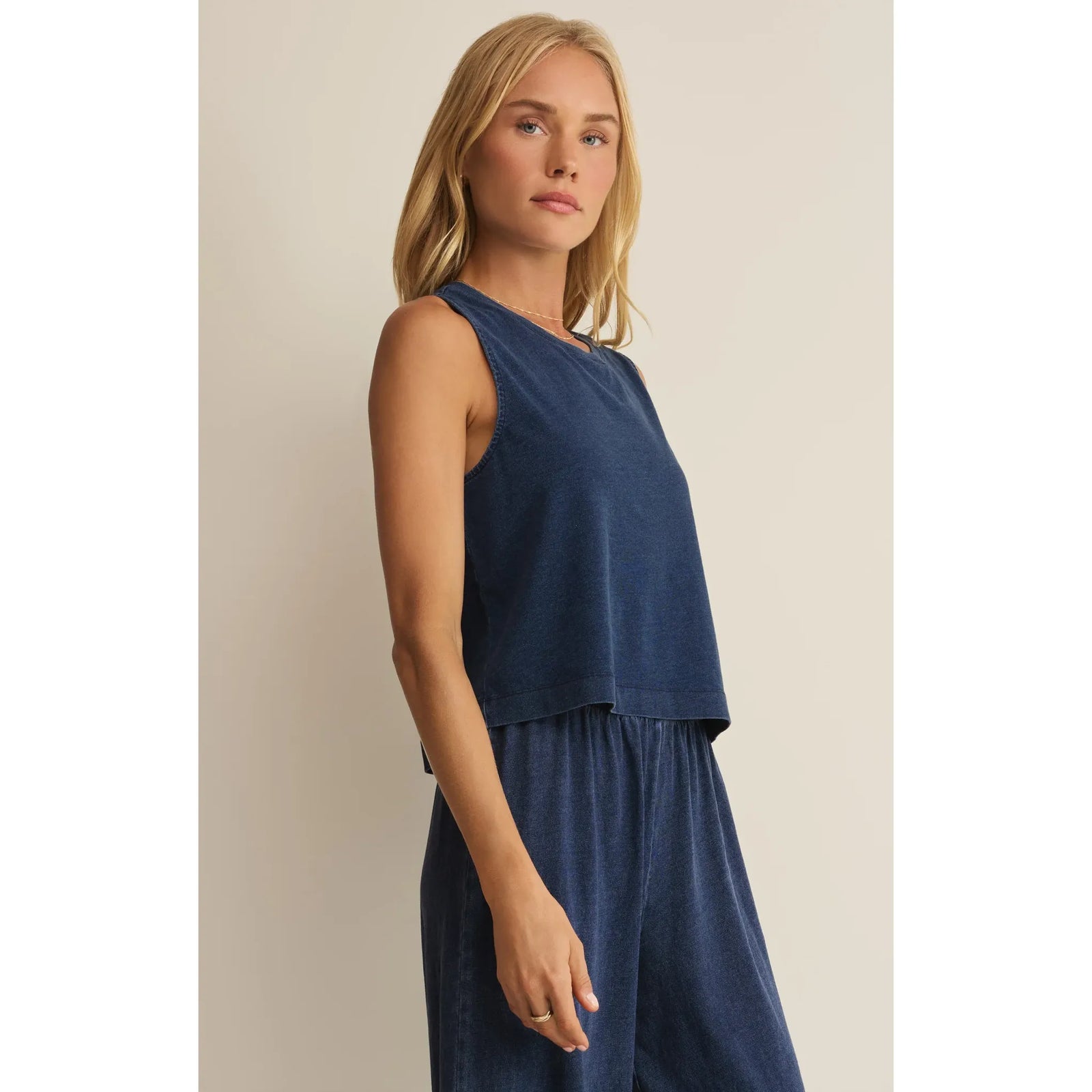Z Supply Sloane Washed Jersey Tank in navy denim-inspired knit, sleeveless top on model.