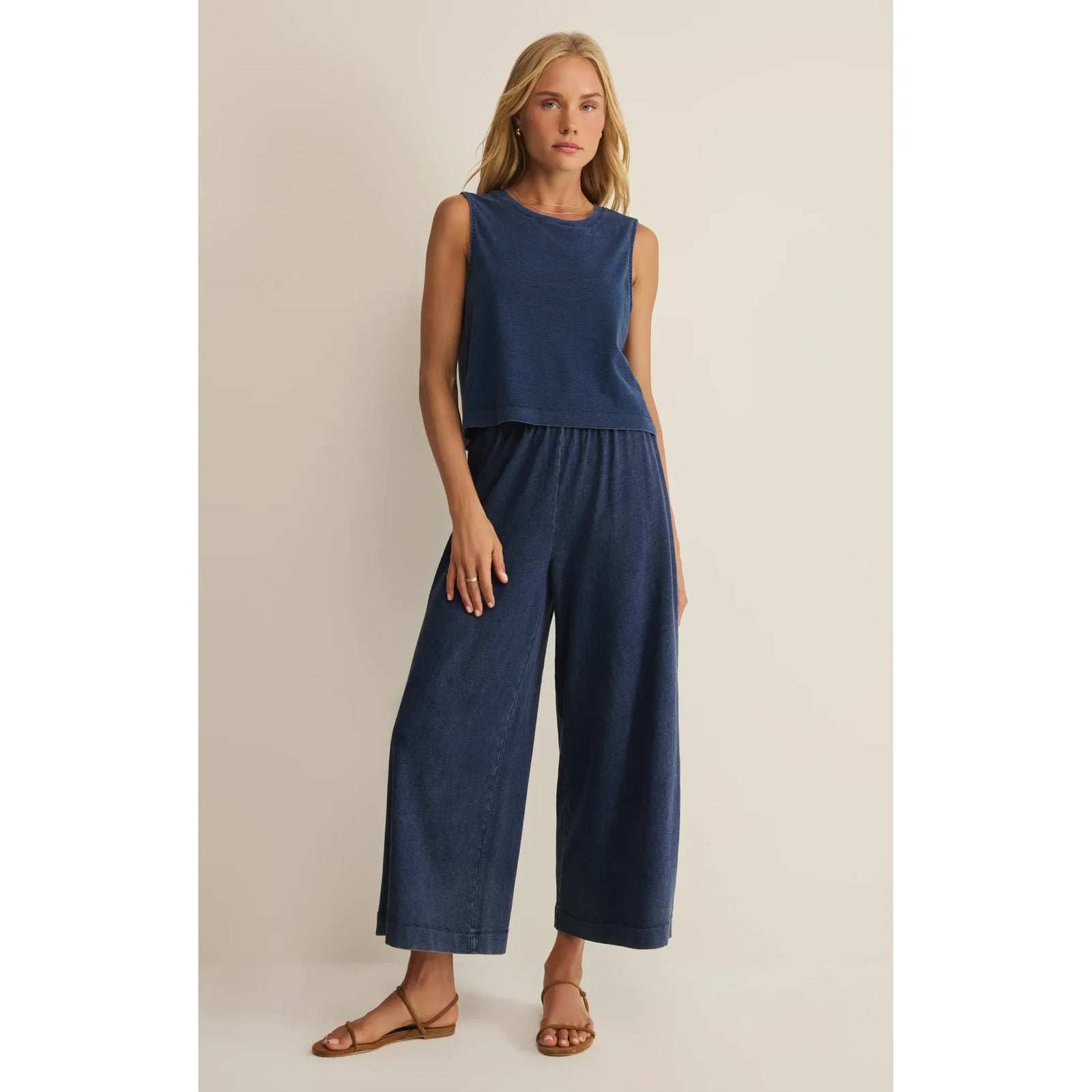 Z Supply Sloane Washed Jersey Tank with denim-look wide-leg pants on a model.