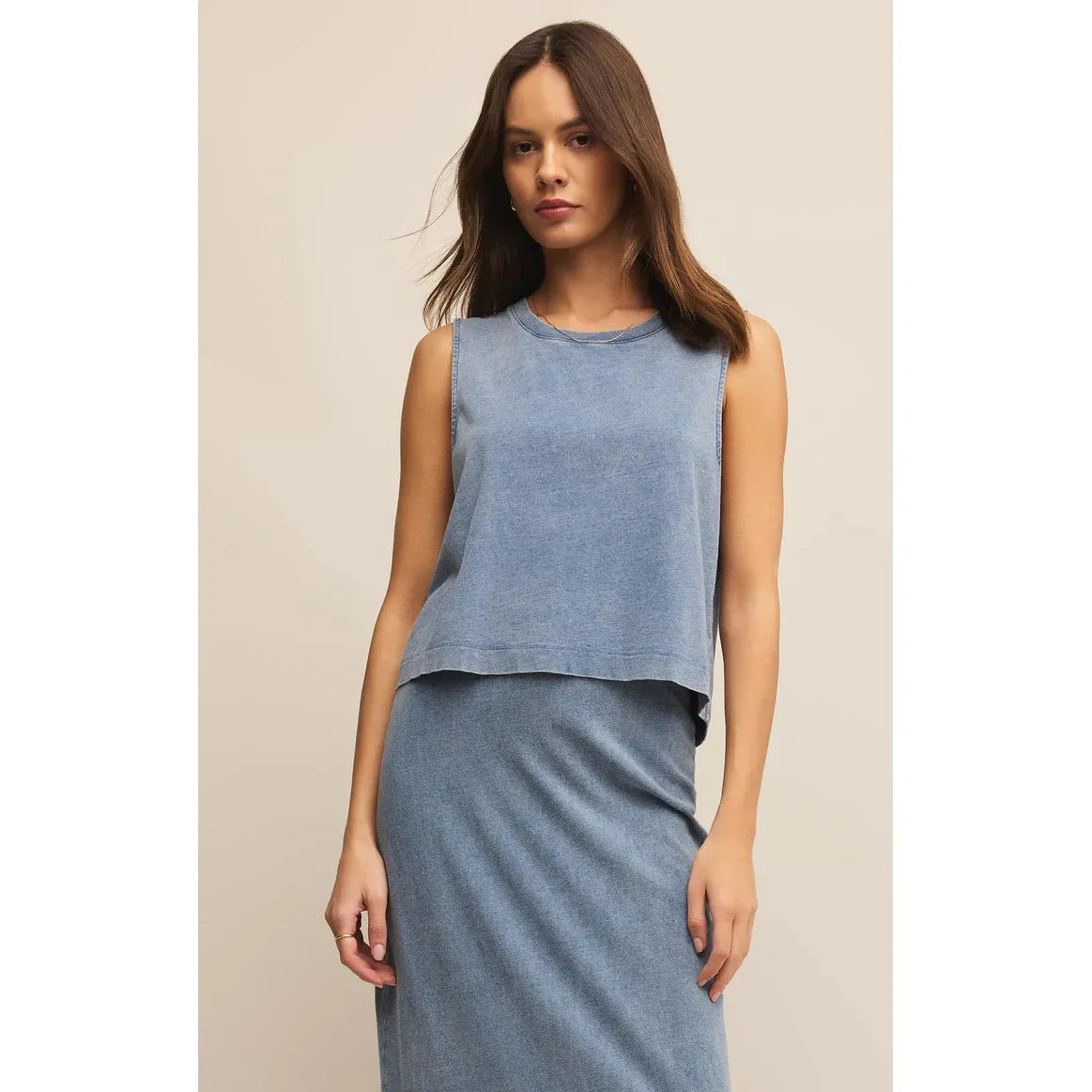 Z Supply Sloane Washed Jersey Tank offers a lightweight, denim-look style perfect for elevating casual outfits.