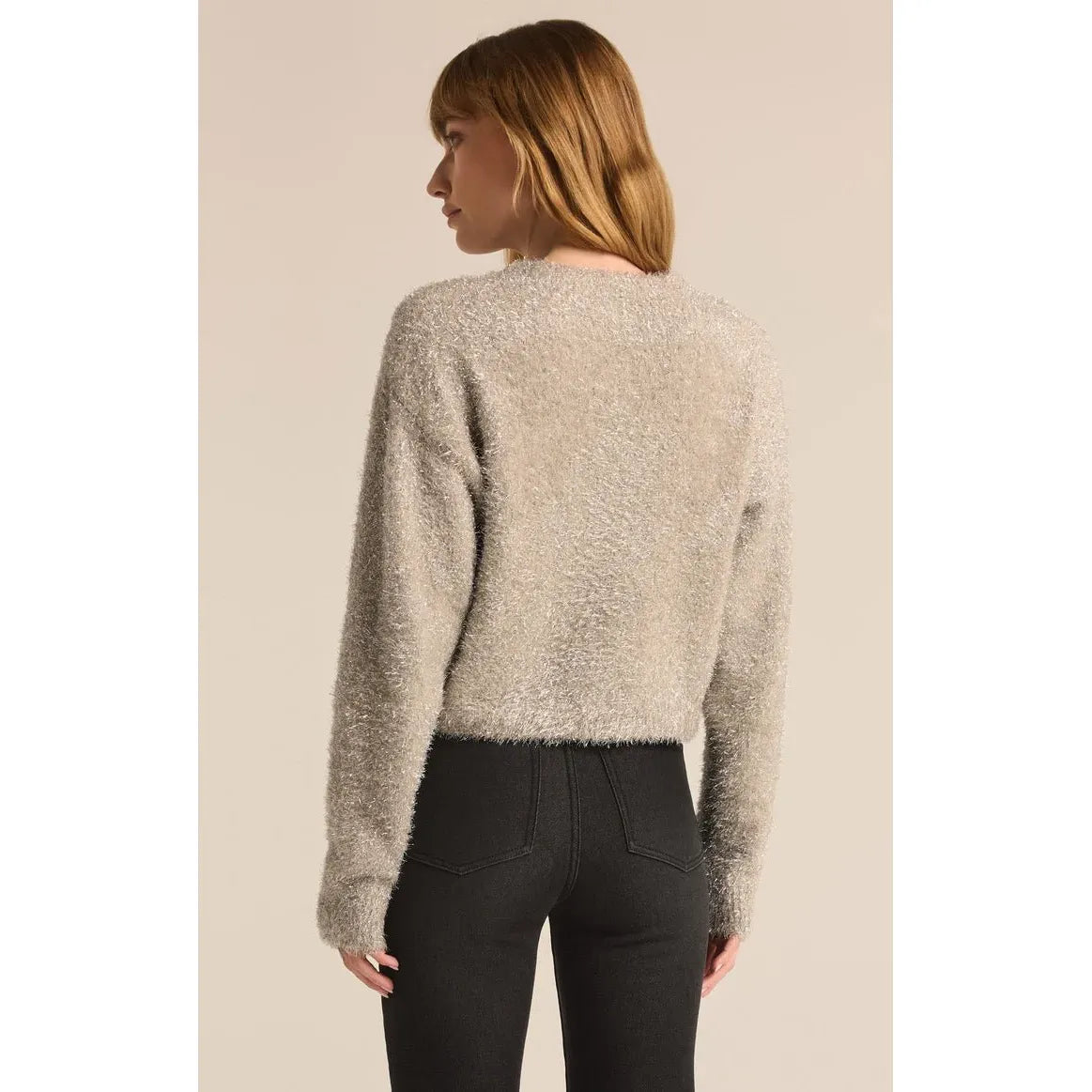 Z Supply Tinseltown Crop Sweater in glitter knit, cropped with crew neck and extended sleeves (back view)