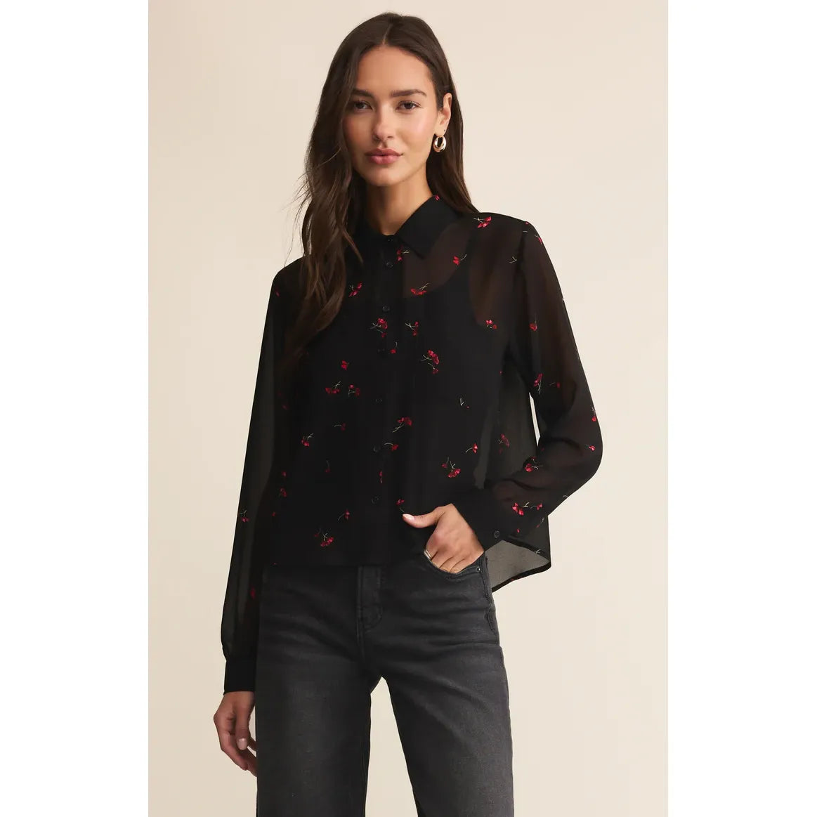 Z Supply Vivienne Rio Floral Top: black sheer crepe button-up with red botanical print and a loose draped silhouette.