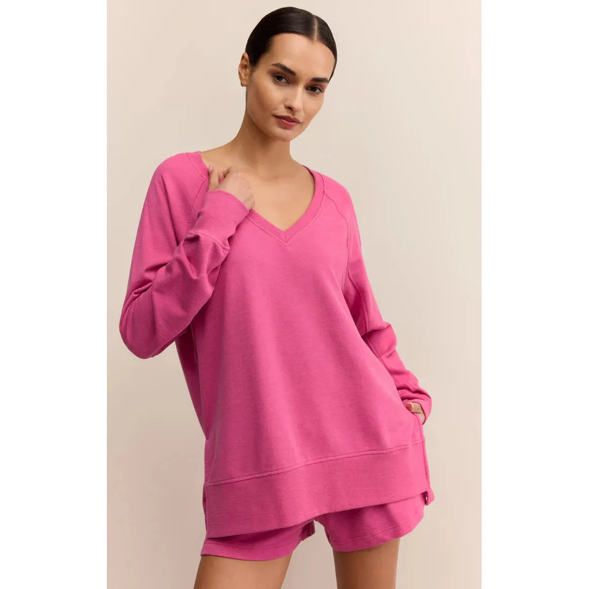 Z Supply Modern V-Neck Weekender Top in pink, oversized burnout knit with a V-neck.
