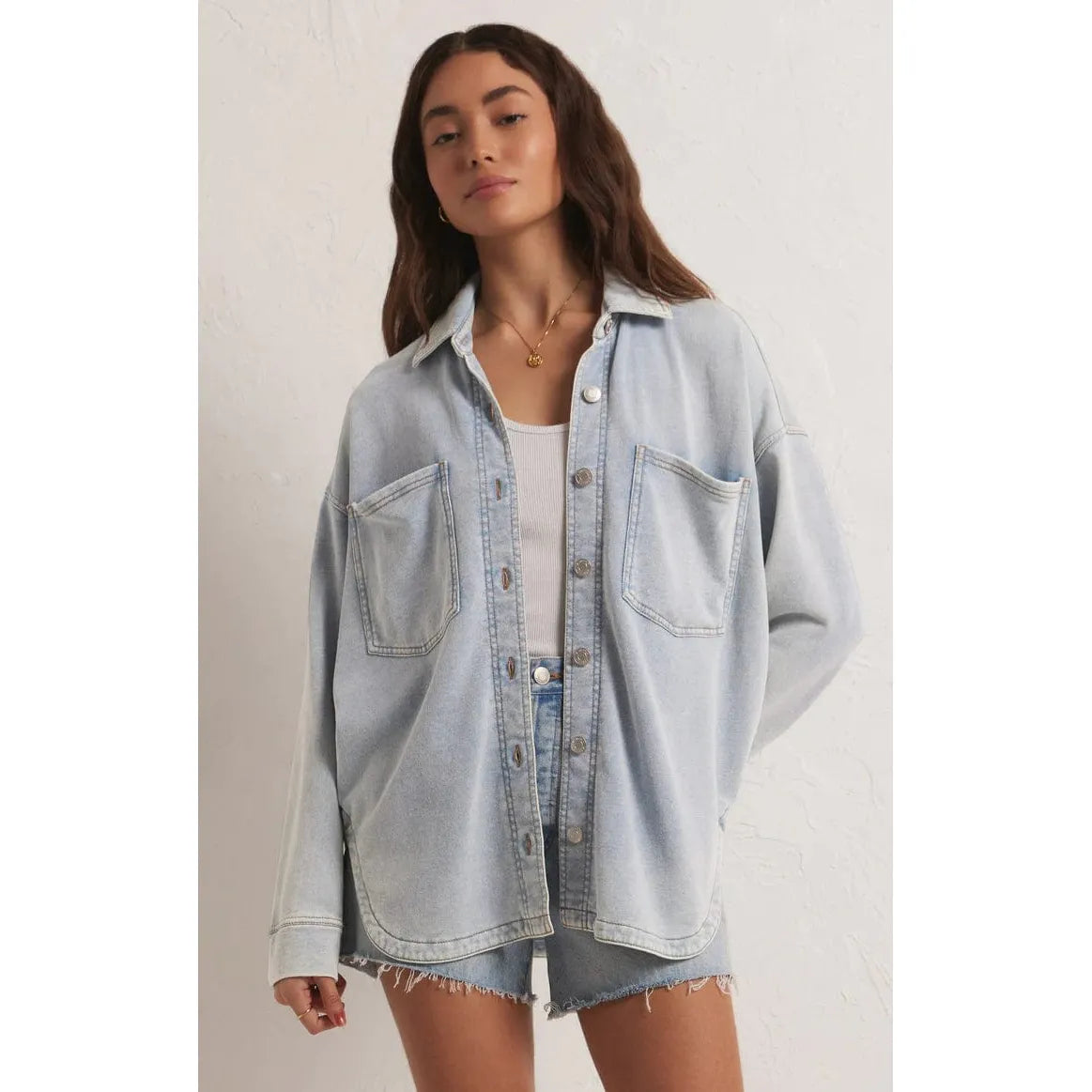 Z Supply All Day Knit Denim Jacket in washed indigo, combining soft French terry with a stylish denim look.