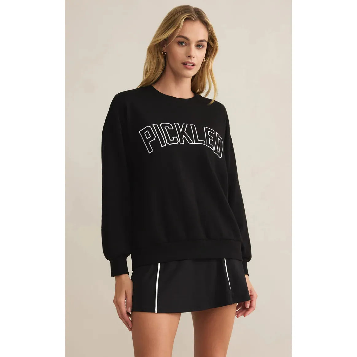 Z Supply Pickled Sweat Shirt in black features "Pickled" embroidery, perfect for style on or off the court.