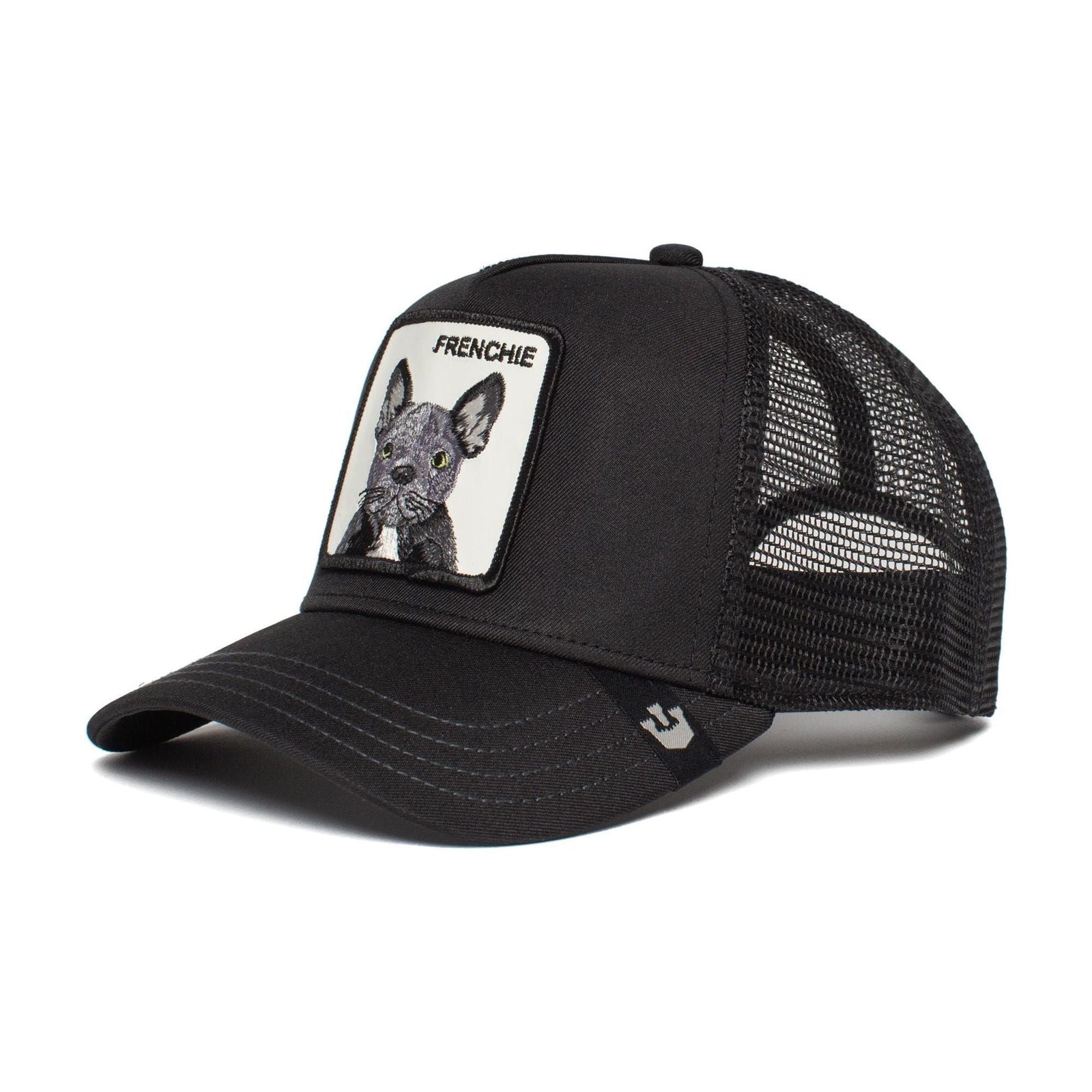 Goorin Frenchie Trucker Hat: black trucker cap with a white patch featuring a French bulldog and mesh back.