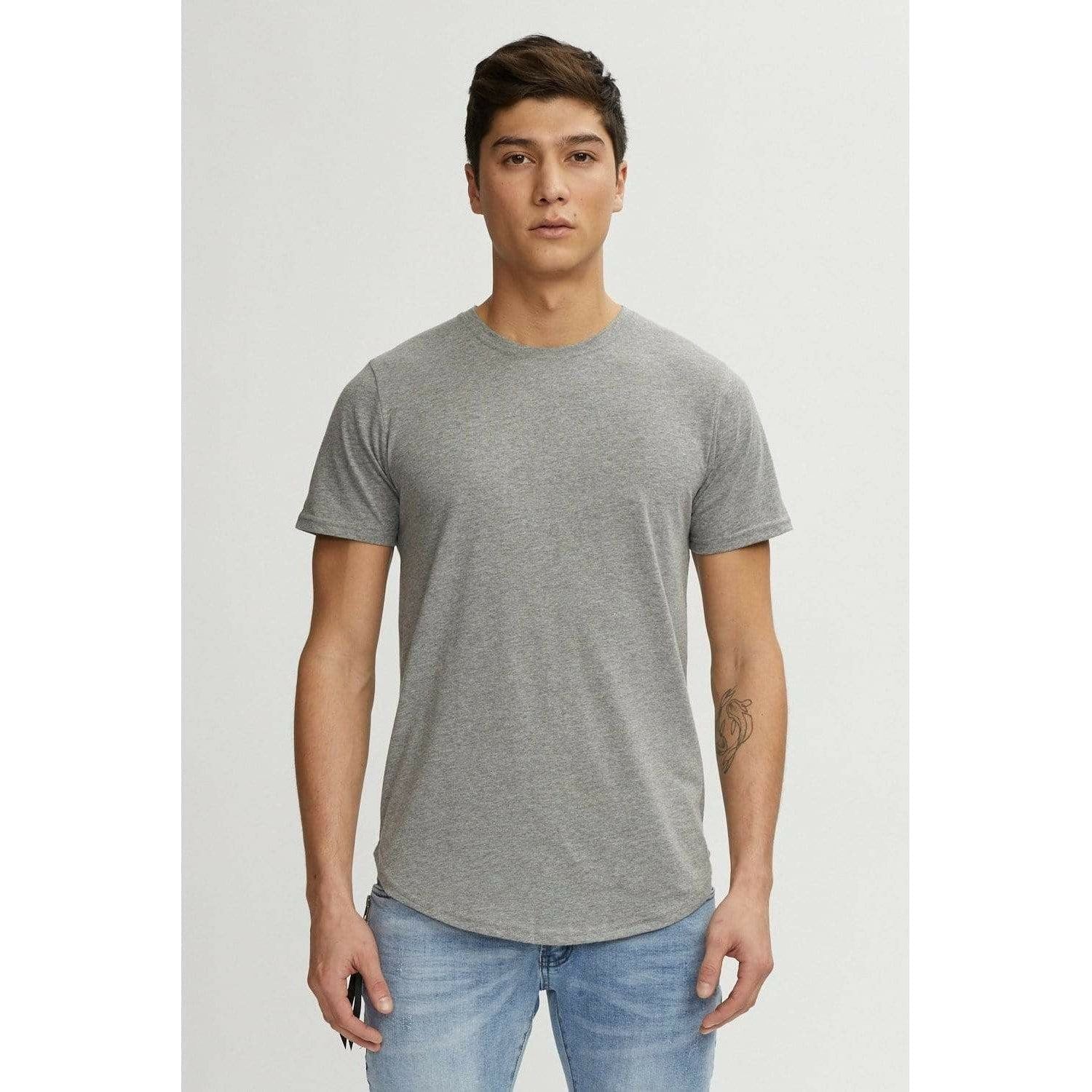 Kuwalla Scoop Tee in heather grey on model; slim fit, scooped hem, double-stitched, all-season comfort.