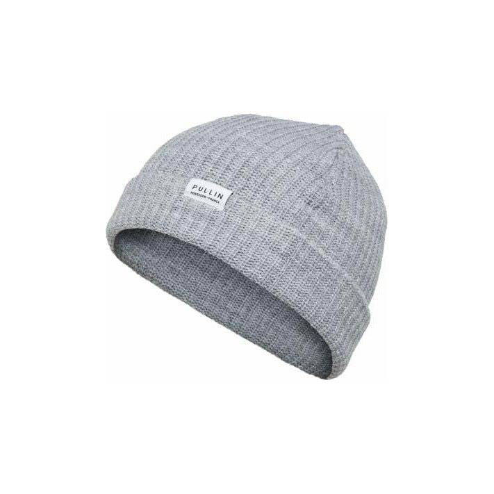 Pullin Beanie in gray acrylic, docker-style knit with foldable cuff, one size fits all.