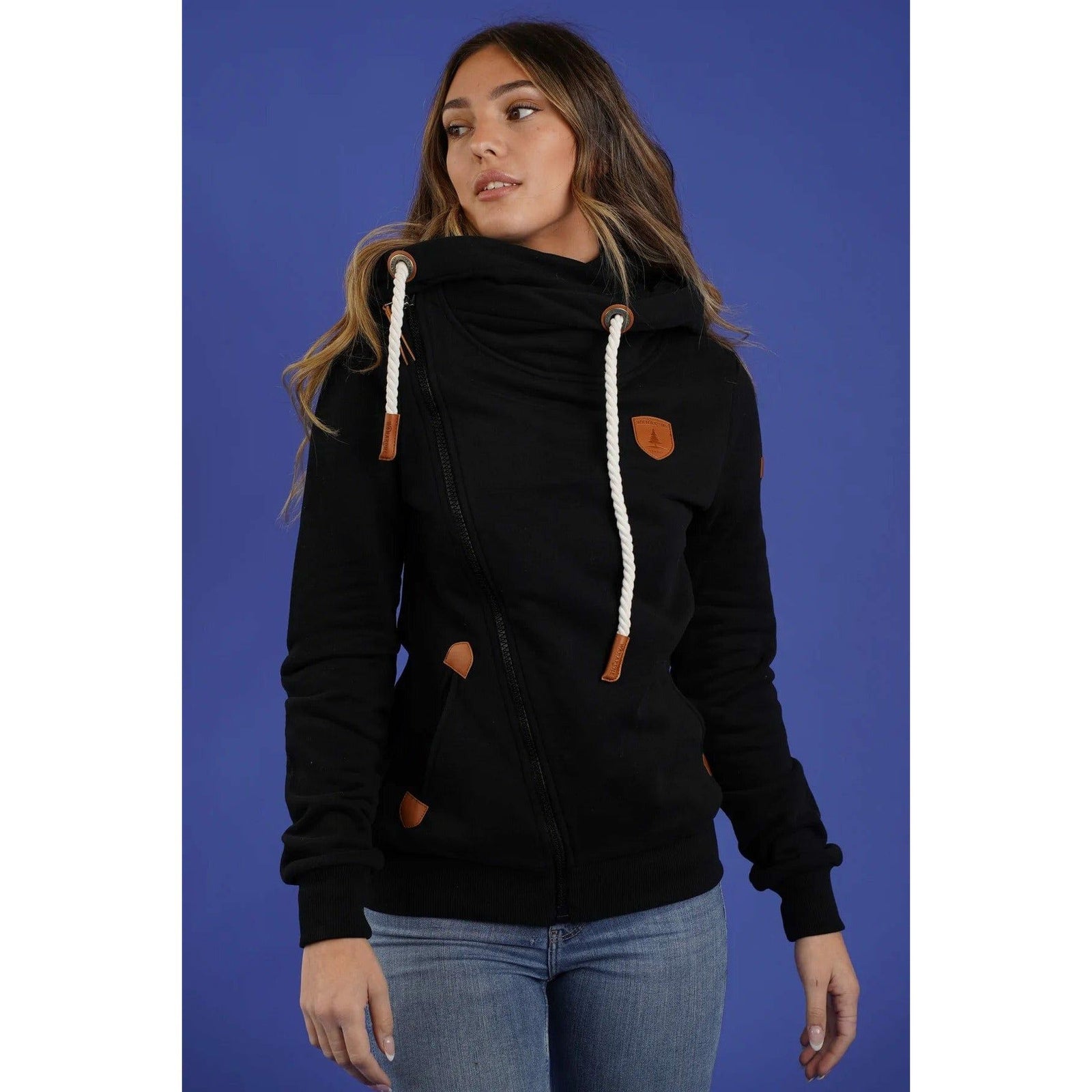 Wanakome Athena Hoodie features a shawl neck and faux leather accents, perfect for stylish layering. Best seller!