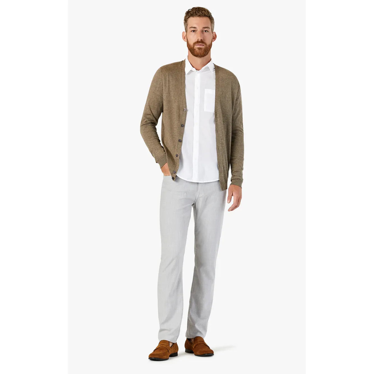 34 Heritage Courage in Bone Cross Twill pants: light straight-leg, soft stretch fabric, paired with white shirt