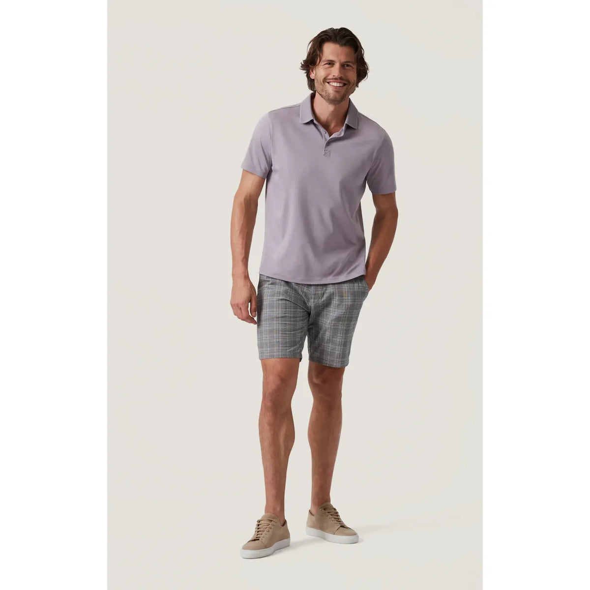Lavender 34 Heritage Polo Shirt on a model, three-button neckline with textured collar, close-fitting and breathable.