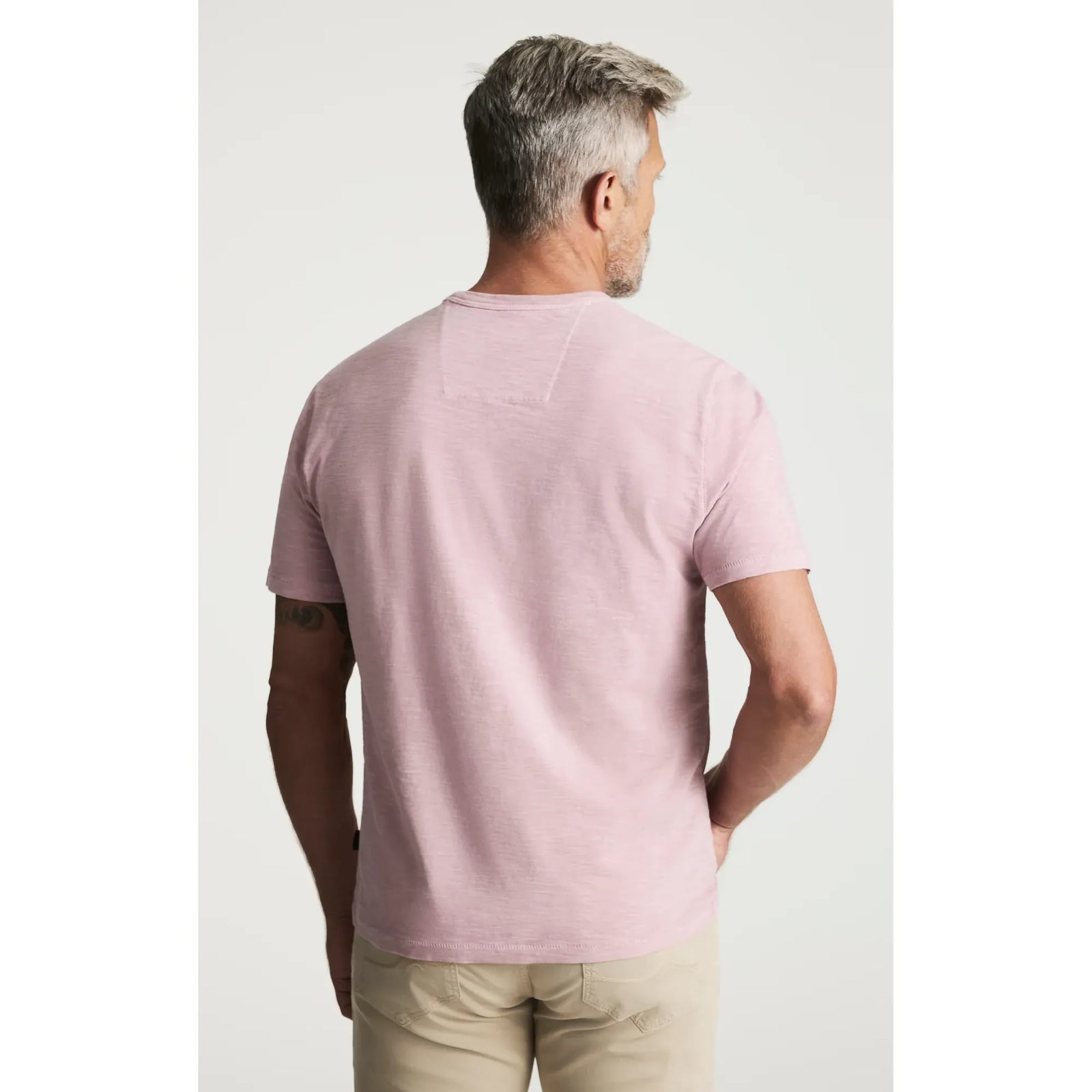 Back view of a man in a pink 34 Heritage Slub Crew T-shirt; lightweight cotton-jersey short-sleeve tee.