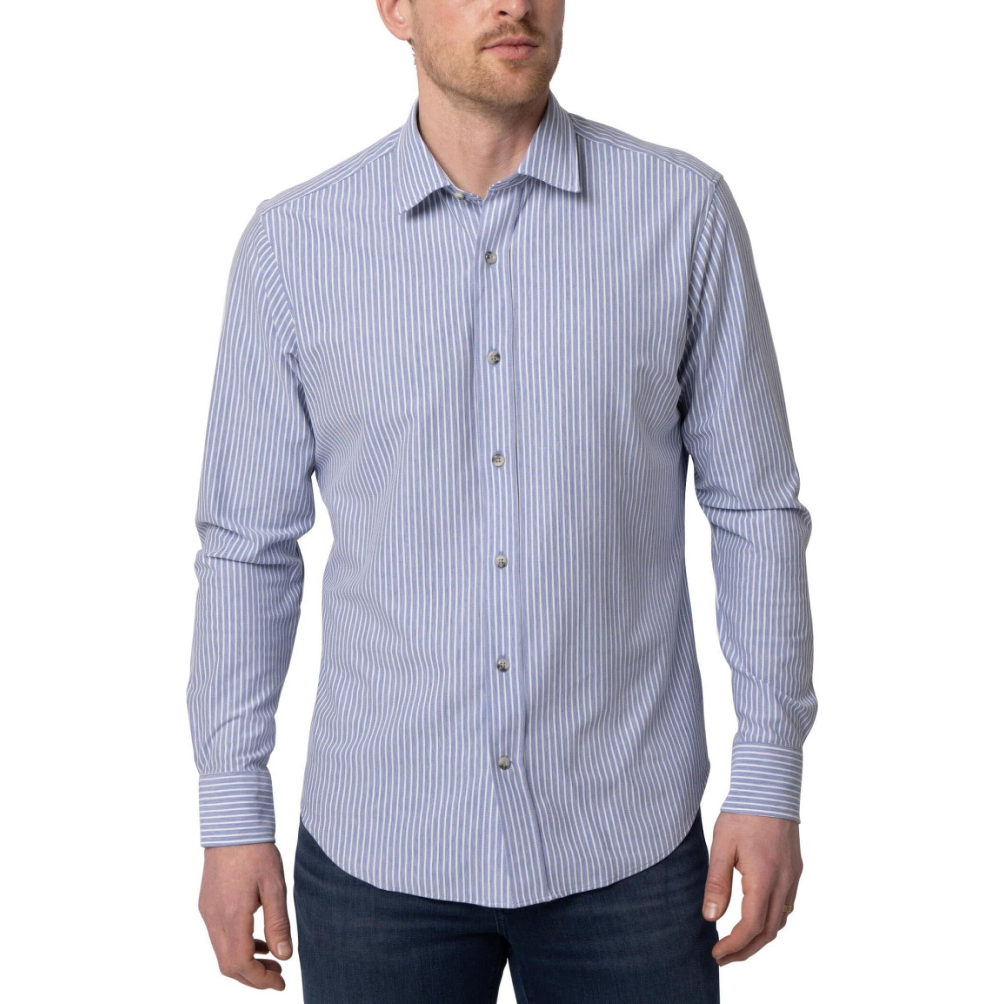 34 Heritage Striped Blue Long Sleeve Shirt, stylish and machine washable, perfect for any occasion. Made in Turkey.