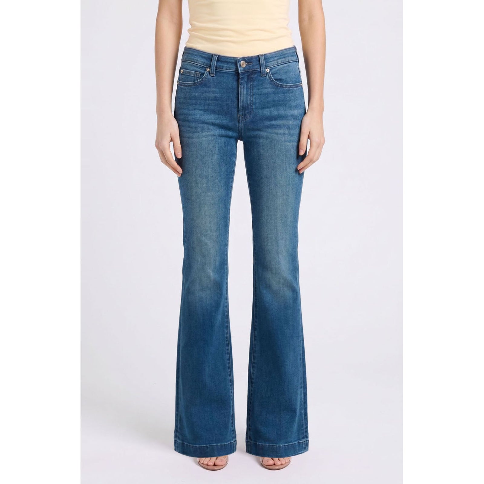 7 for all Mankind Dojo in Coreflow jeans, mid-rise flare with red stitched back pockets, back view.