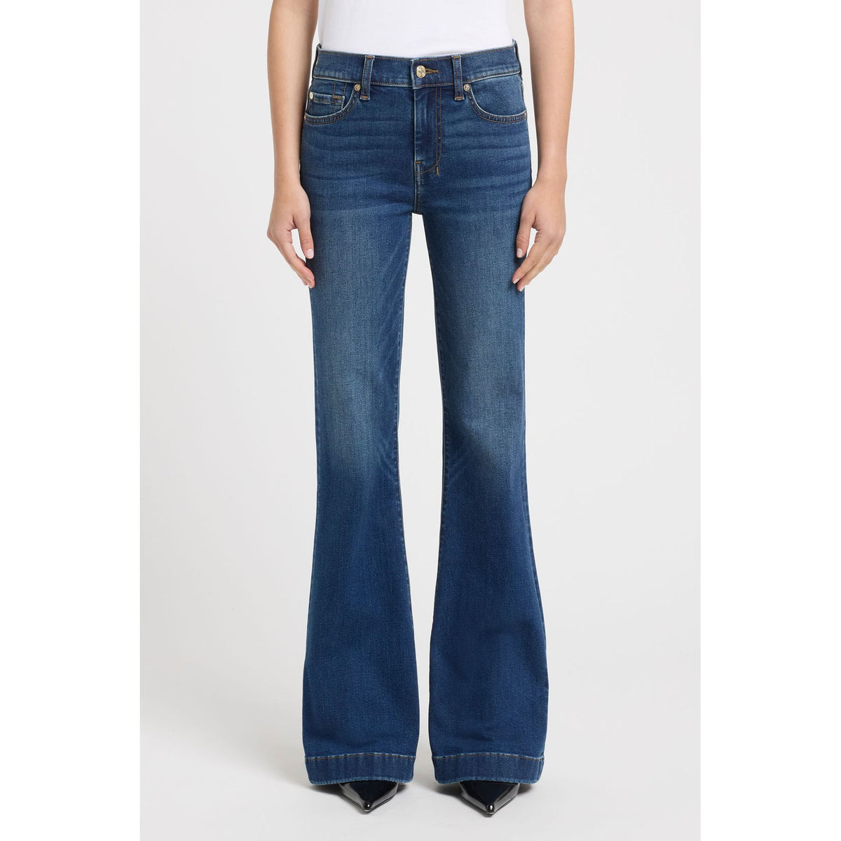 7 for all Mankind Dojo in Koko jeans, mid-rise flare with tailorless inseam in dark indigo.