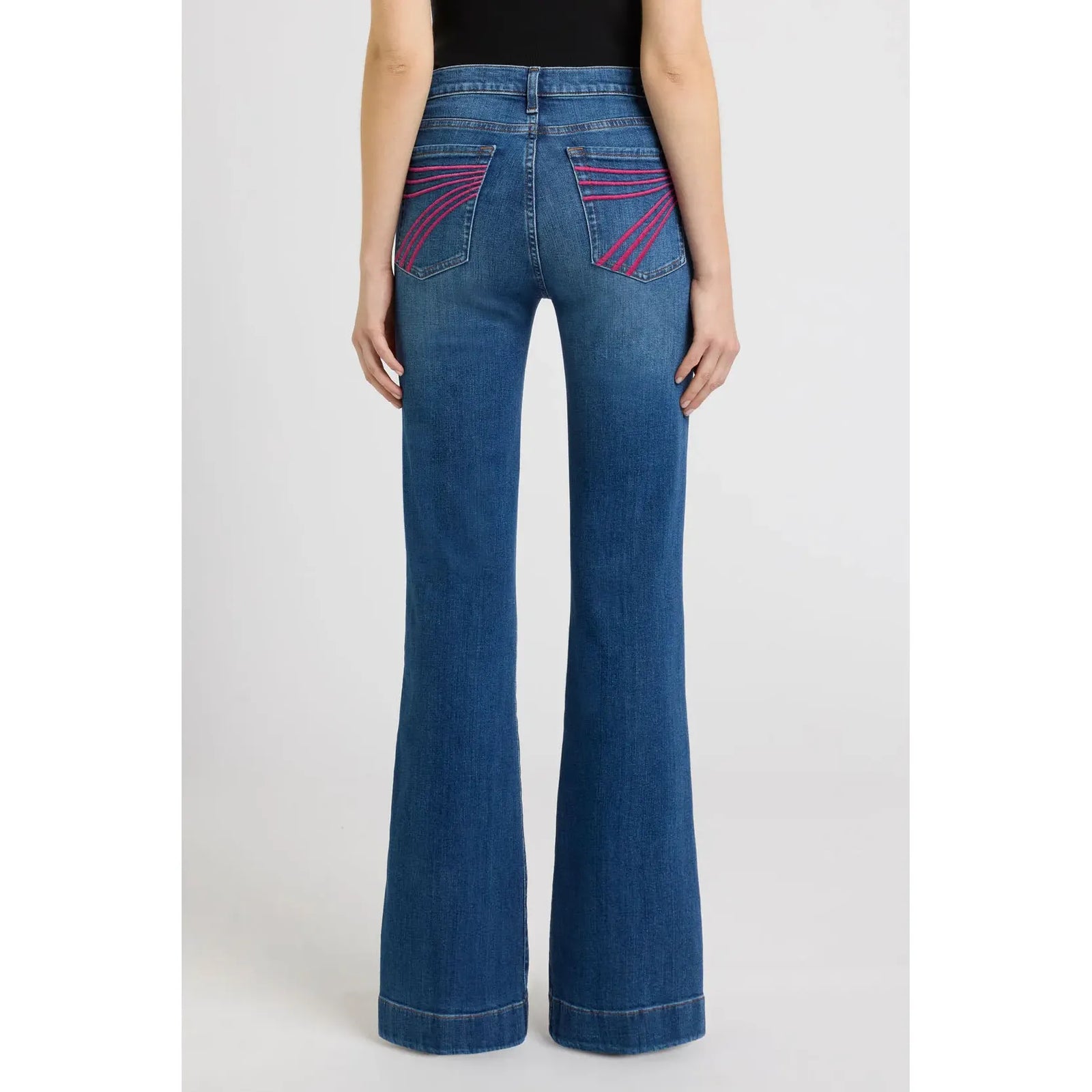 7 for all Mankind Dojo in Moonwater, back view with pink stitched pocket detailing and a mid-rise bootcut flare.