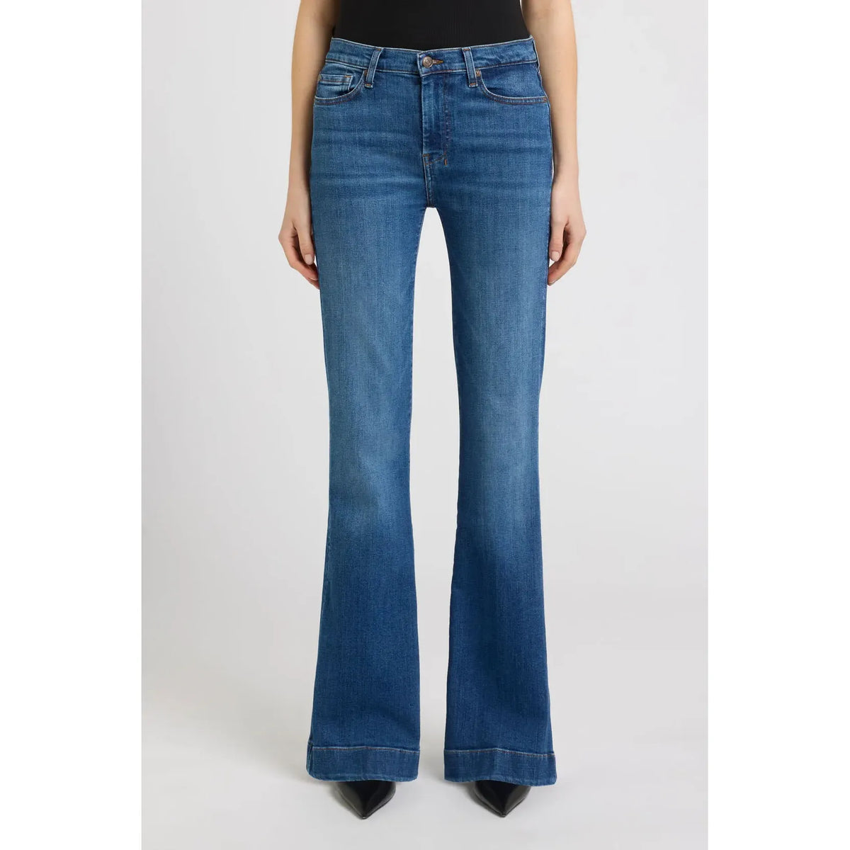 7 for all Mankind Dojo in Moonwater jeans, mid-rise flare that contours waist and hips with a tailorless inseam.