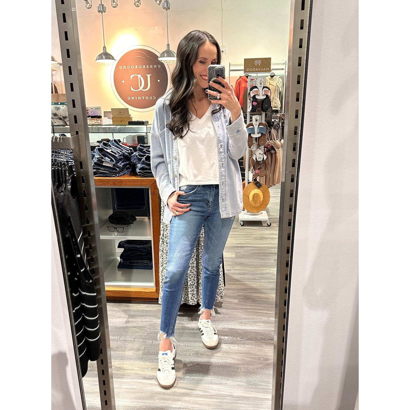 Z Supply All Day Knit Denim Jacket in knit denim French terry, worn with white tee and light jeans.