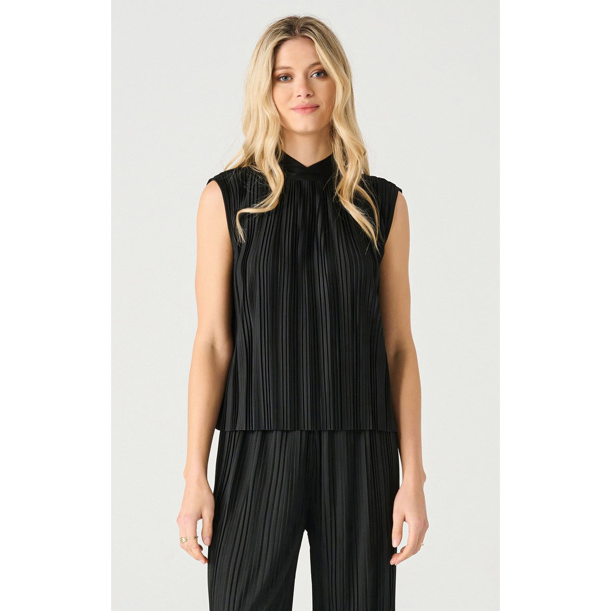 Dex Black Tape Sleeveless Mock Neck Pleated Top