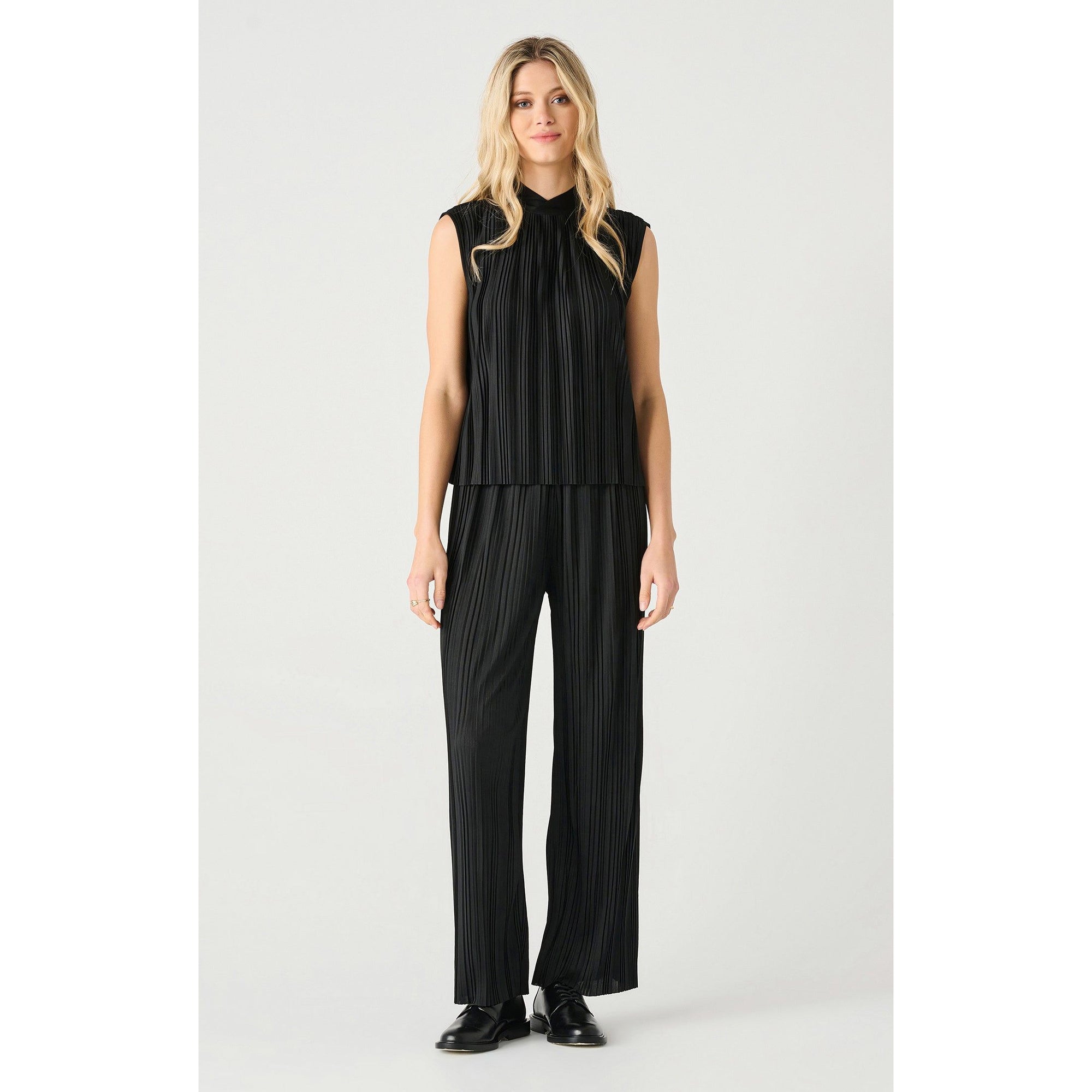 Dex Black Tape Sleeveless Mock Neck Pleated Top