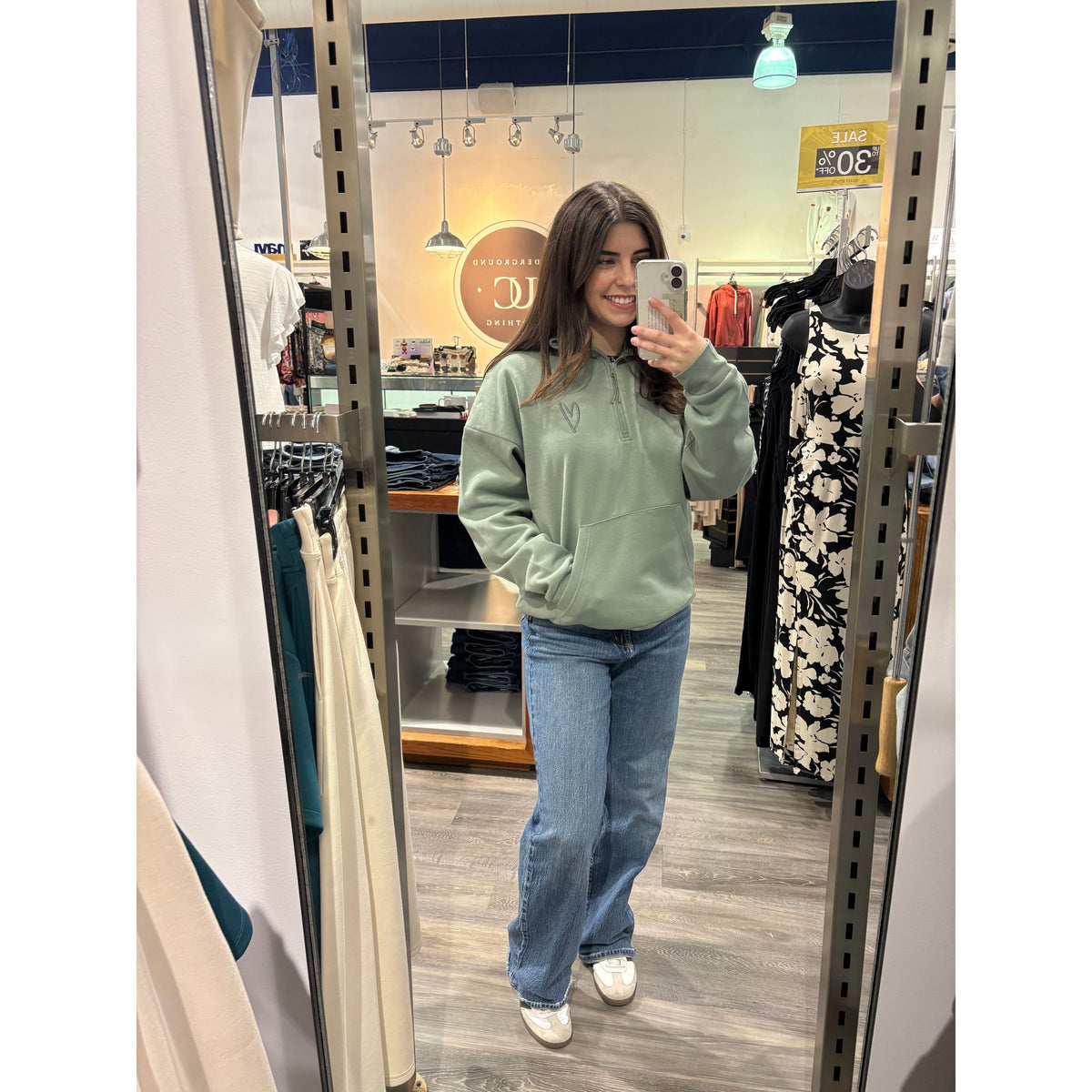 Keep Going Half Zip Hoodie in sage green, oversized unisex hoodie with in-house embroidery “keep going.”